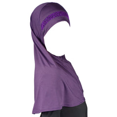 Yaqeen Girls instant headscarf hijab al Amira with glitter borde, readymade pull on scarf, ideal for any occassion school/nursery (Purple)