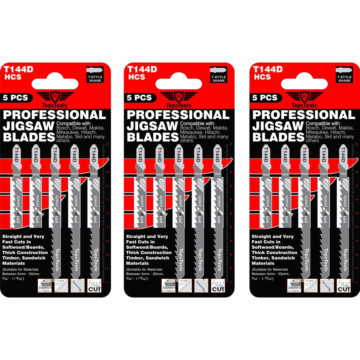 15 x TopsTools T144D Straight and Fast Cuts Carbon Steel Jigsaw Blades Compatible with Bosch, Dewalt, Makita, Milwaukee and many more, Engineered Wood