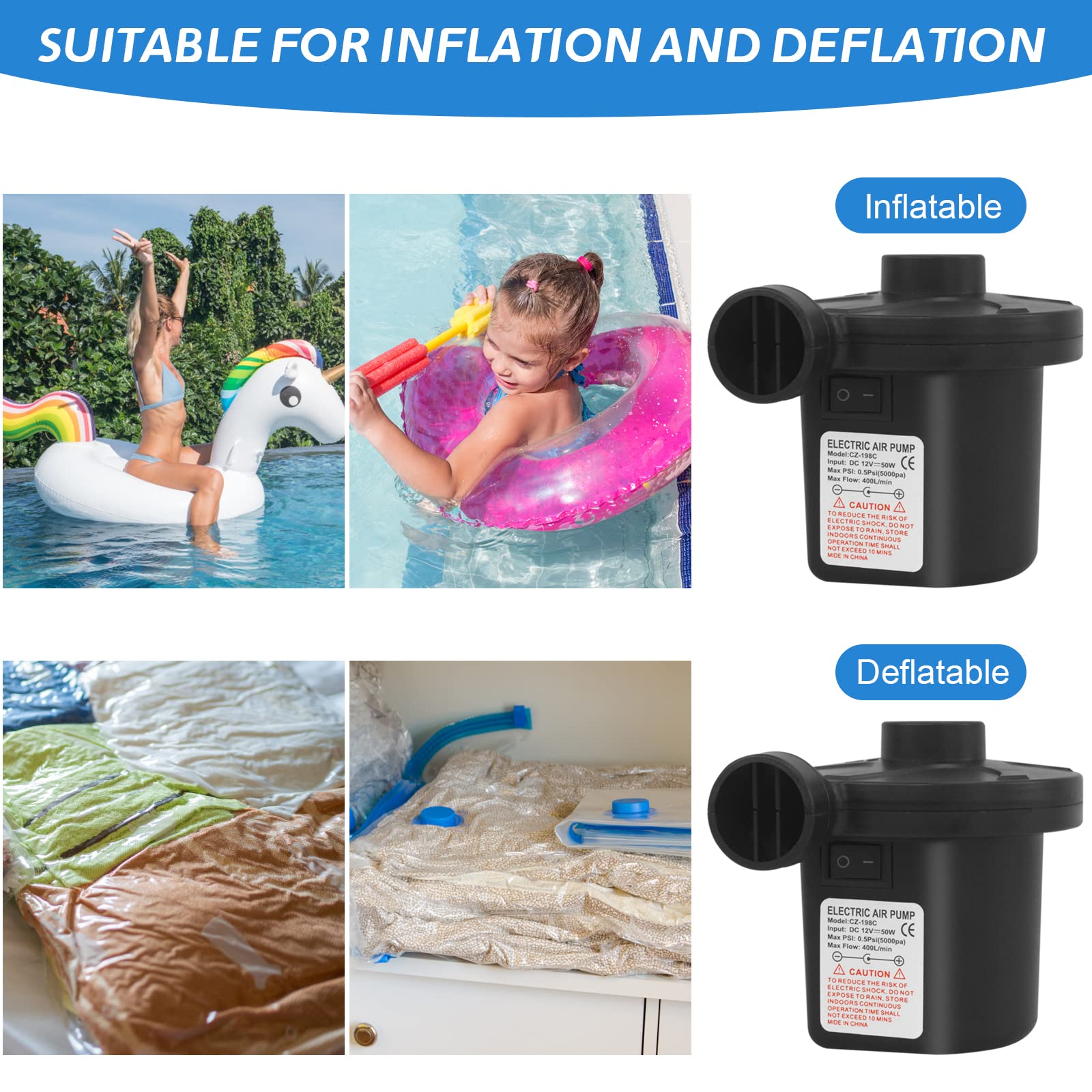 Jsdoin Electric Pump for Inflatables with 3 Nozzles, AC 240V/DC 12V 50W High Power Electric Air Pump for Air Bed Mattress Inflatables Paddling Pool Beach Toys, Fill Inflator Deflator