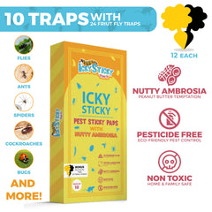 Icky Sticky Pest Sticky Pads - 10 Pack   Extra Strong Glue Traps with Irresistible Nutty Ambrosia Scent   Versatile Indoor & Outdoor Use   Effective for Multiple Pests   Includes 24 Fruit Fly Traps