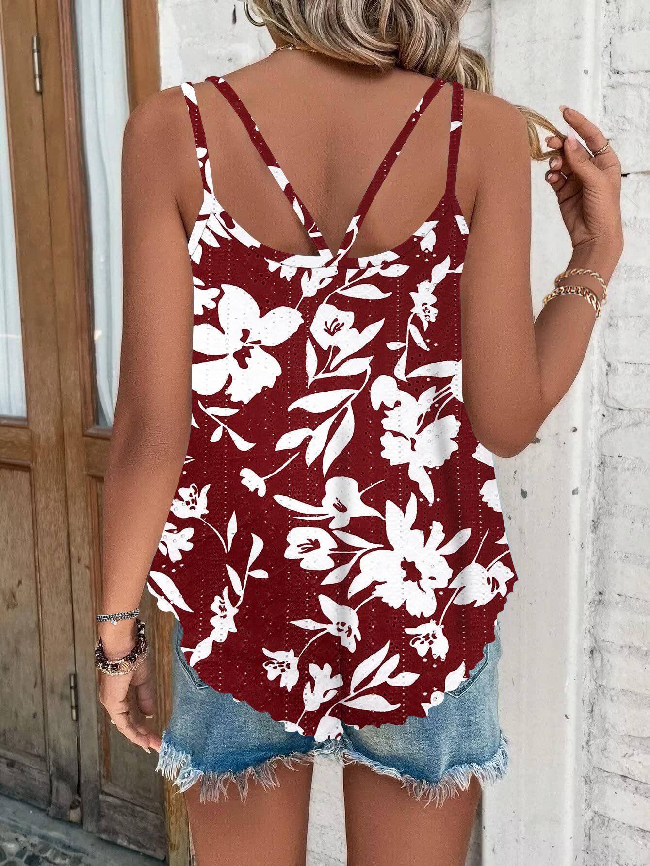 WNEEDU Women's Summer Tank Tops Ladies Sleeveless Vests Tanks Top Loost Fit Casual Shirts Eyelet Embroidery Vest Blouses Cami Camisole Red White Flower M