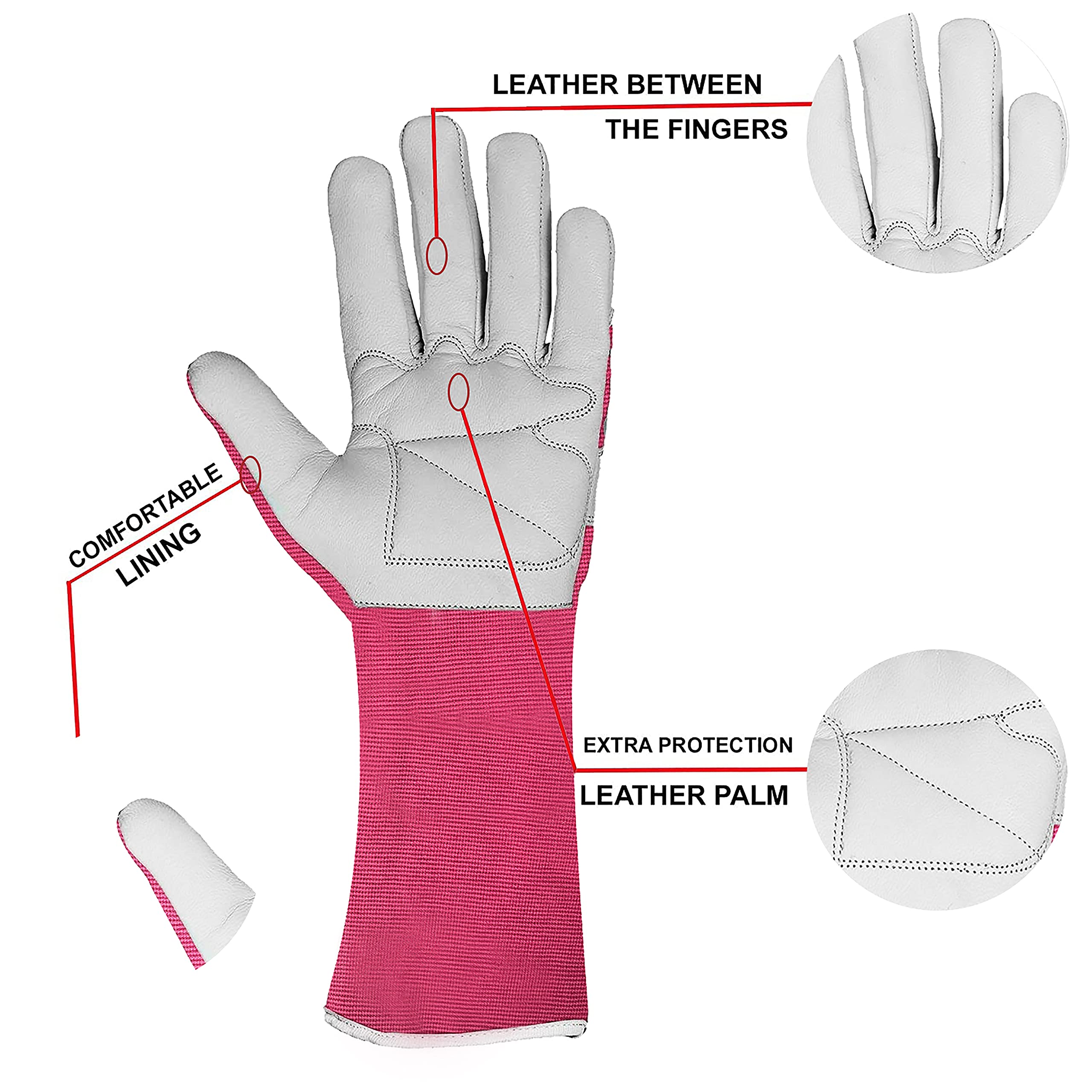 SAWANS Long Gardening Gloves Leather Ladies Men Women Durable Goatskin Garden Gloves Forearm Protection Thorn Proof Gardener Work Spandex Sleeves Rose Pruning Gift (Pink, M)