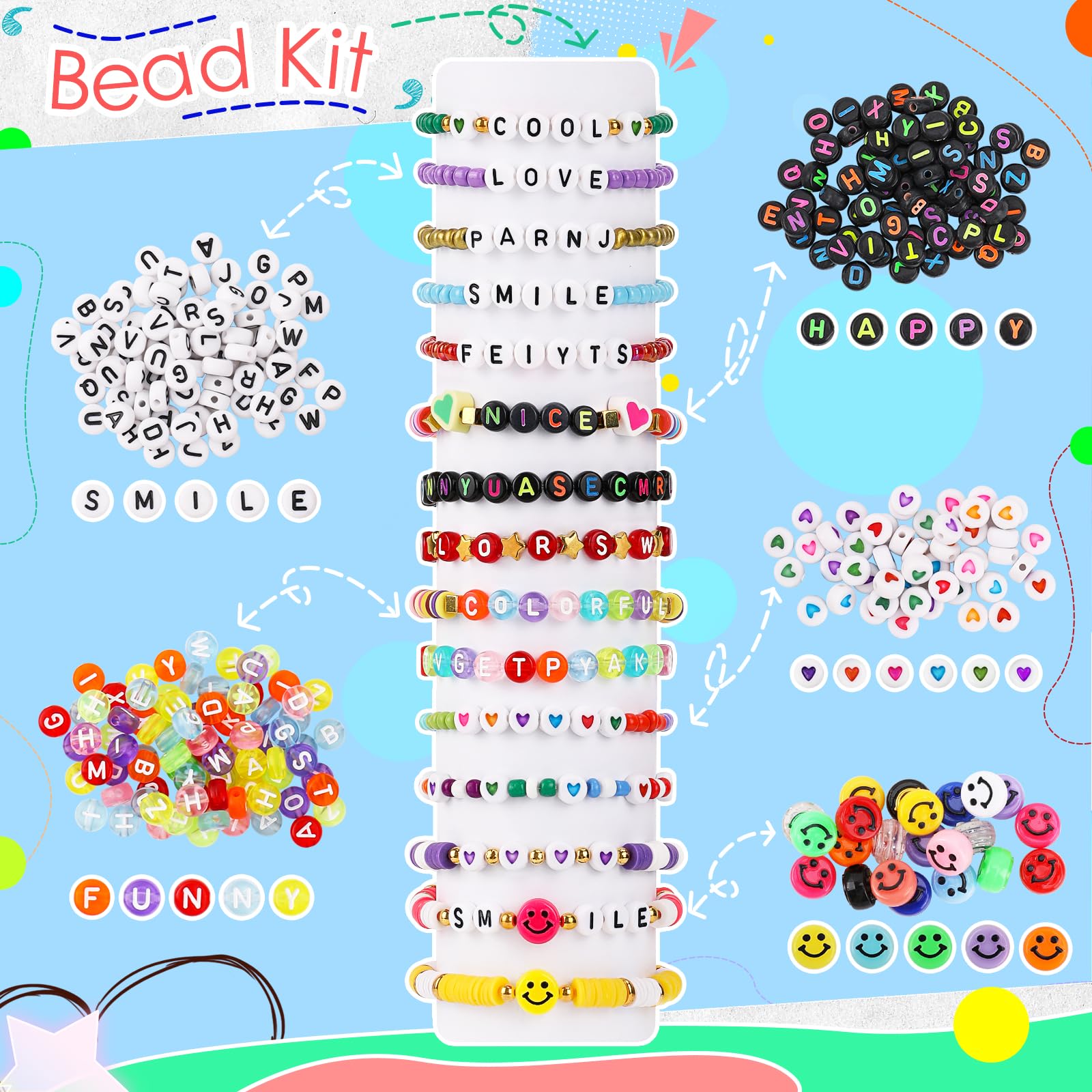 8100PCS 3mm Glass Seed Beads Bracelets Making Kit，400pcs Alphabet Letter Beads for Jewelry Making and Crafts with Elastic String Cords，Pendants, lobster clasps and other craft diy material (C-3MM)