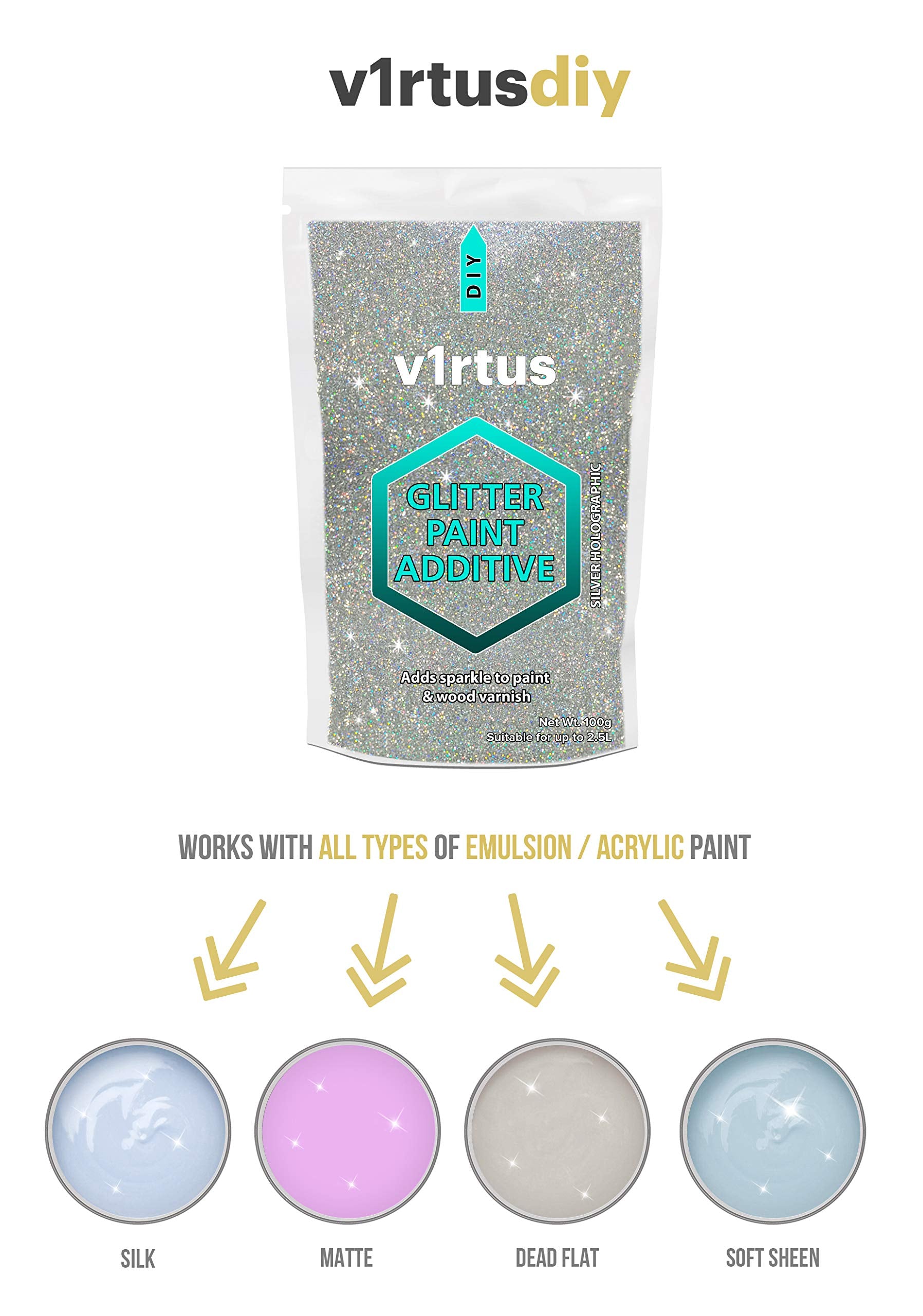 v1rtus Silver HOLOGRAPHIC Glitter Paint Additive [200g] New 2022 Technology, 2 x Finishing Buffing Pads Included Mix with Any Emulsion Paint for Perfect Interior or Exterior Walls, Ceilings, and Wood