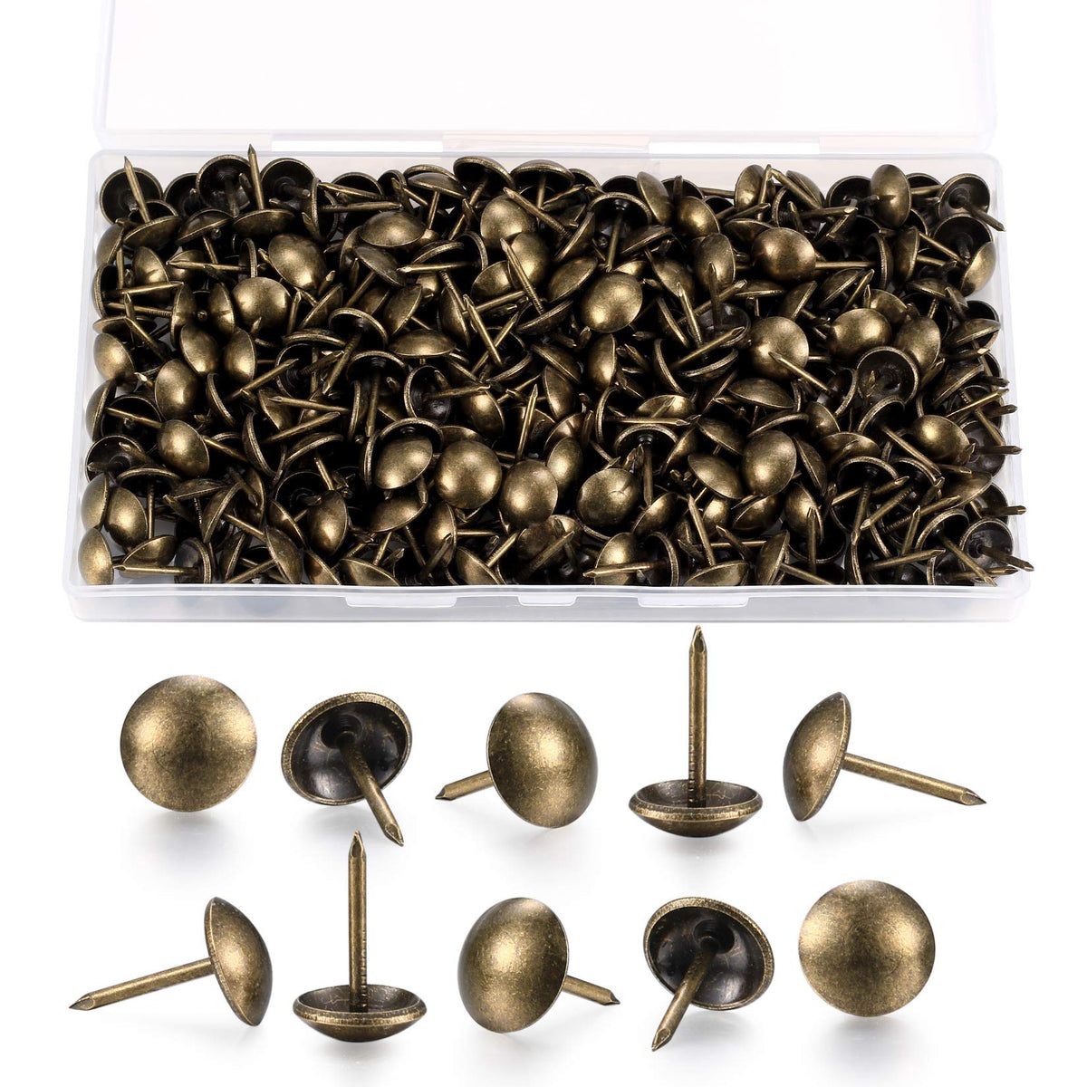 200 Pcs Upholstery Tacks, Antique Bronze Decorative Thumb Tacks, Furniture Push Nail Pins with Plastic Storage Box(11 * 17mm)