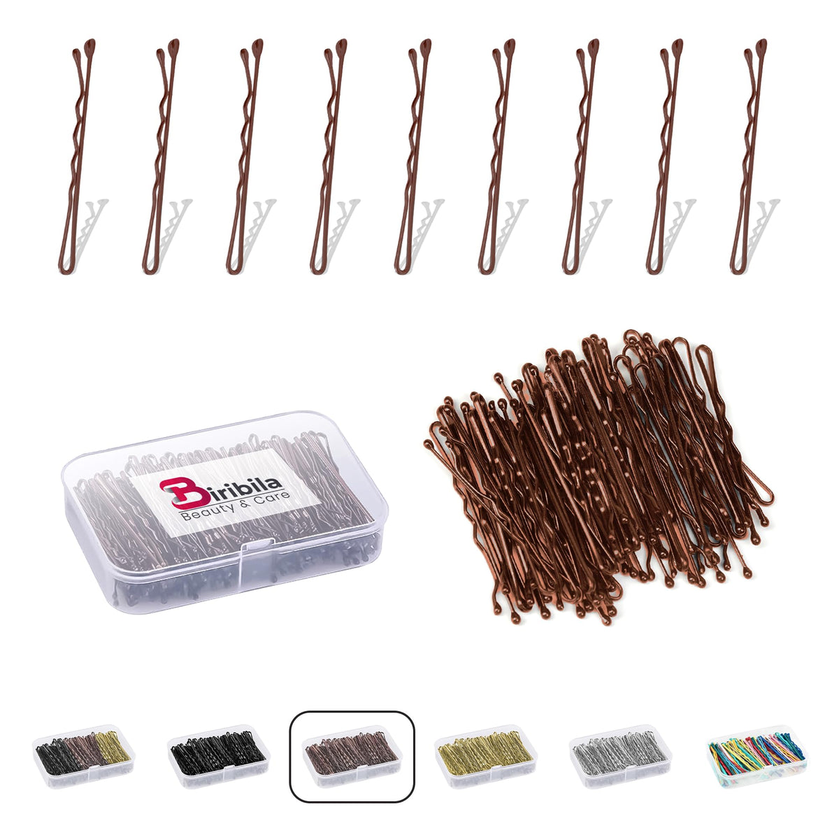 Biribila 150 Pcs Bobby Pins – 5cm Long Hair Pins for Women with Storage Box – Thicker & Strong Hair Grips Brown, Ideal for All Hair Types – Kirby Grips for Effortless Hair Styling - Brown