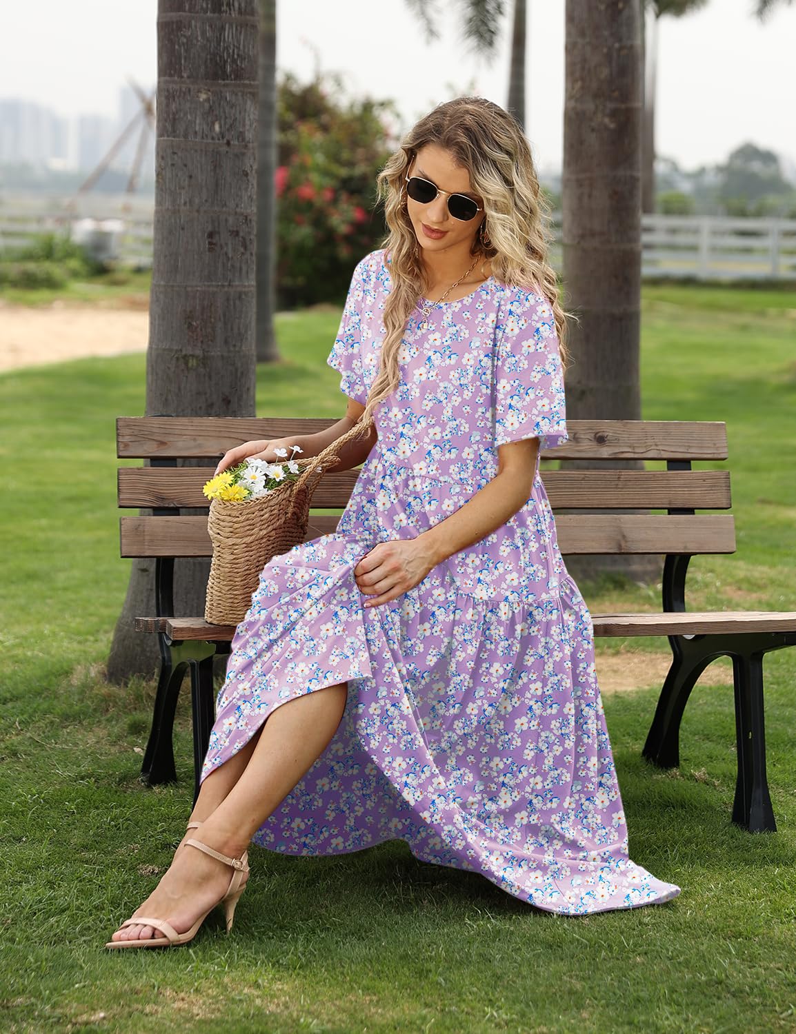 YESNO Women Dresses Casual Plus Size Bohemian Short Sleeve Floral Long Maxi Summer Beach Swing Dress/Pockets 2XL EJFUK CR345