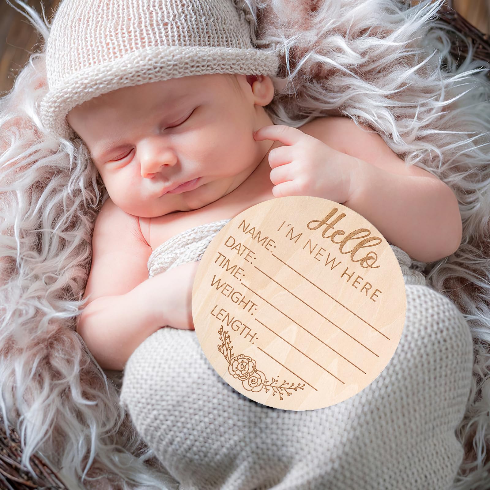 Ouligay Baby Announcement Sign 5.9 Inch Round Wooden Hello World Baby Sign Newborn Welcome Sign Baby Birth Sign Baby Name Sign for Hospital Photo Prop Baby Shower Nursery