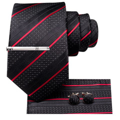 Hi-Tie Formal Black Red Striped Mens Neck Tie Set Silk Woven Ties With Pocket Squares Cufflinks Clip Pin Designer Tie