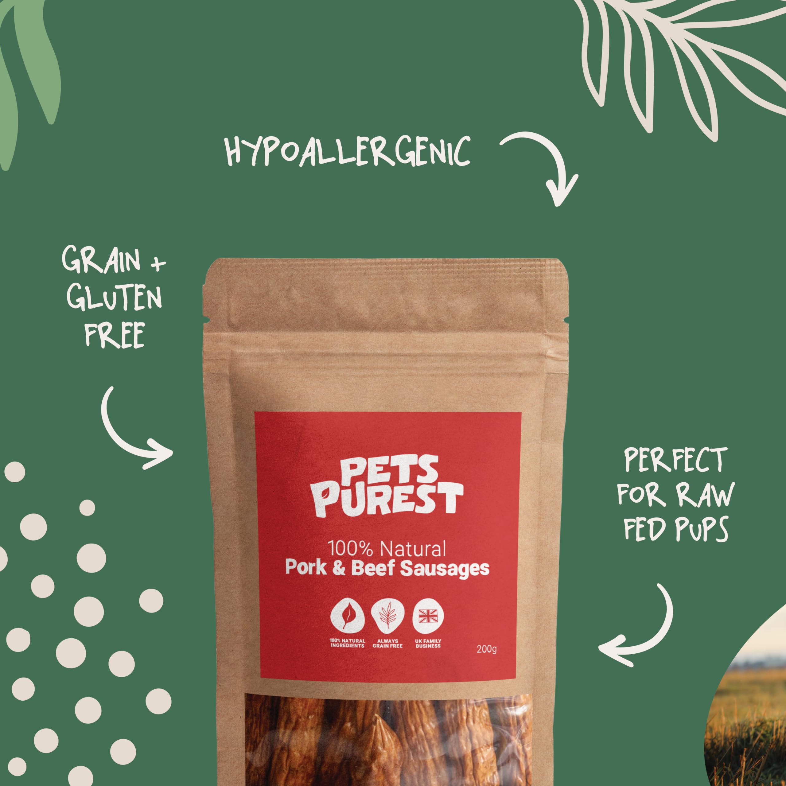 Pets Purest Natural Dog Treat Chews - 100% Healthy Air-Dried Pork & Beef Sausage Meat Treats for Dogs, Puppy & Senior. Grain & Gluten Free Low Fat Raw Protein Dog Food Snack (200g)