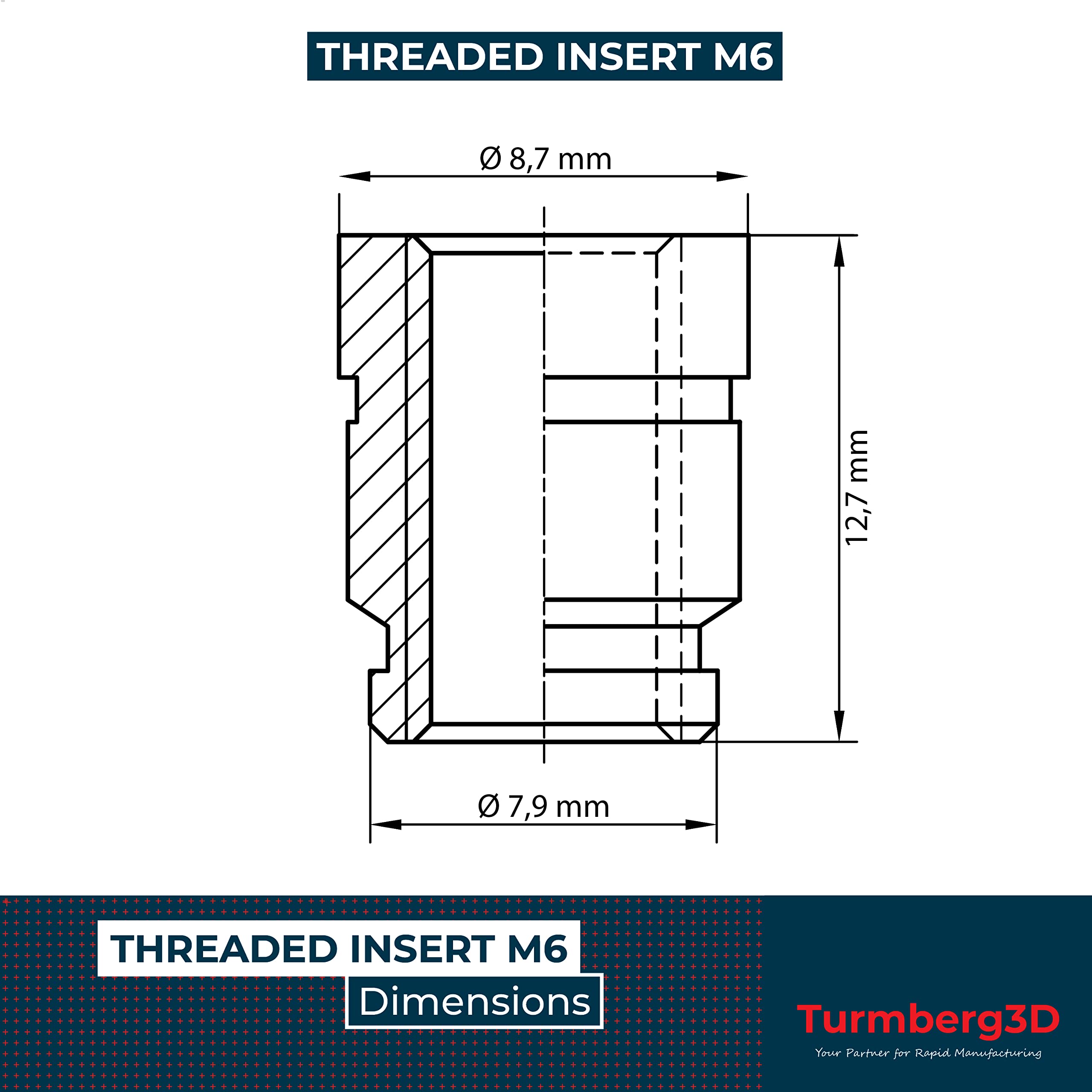 Turmberg3D Threaded Insert M6 (Pack of 30) / M6 x 12.7 Brass Threaded Sockets / Melting Nut for Plastic Parts for 3D Printer Parts (M6 x 12.7)