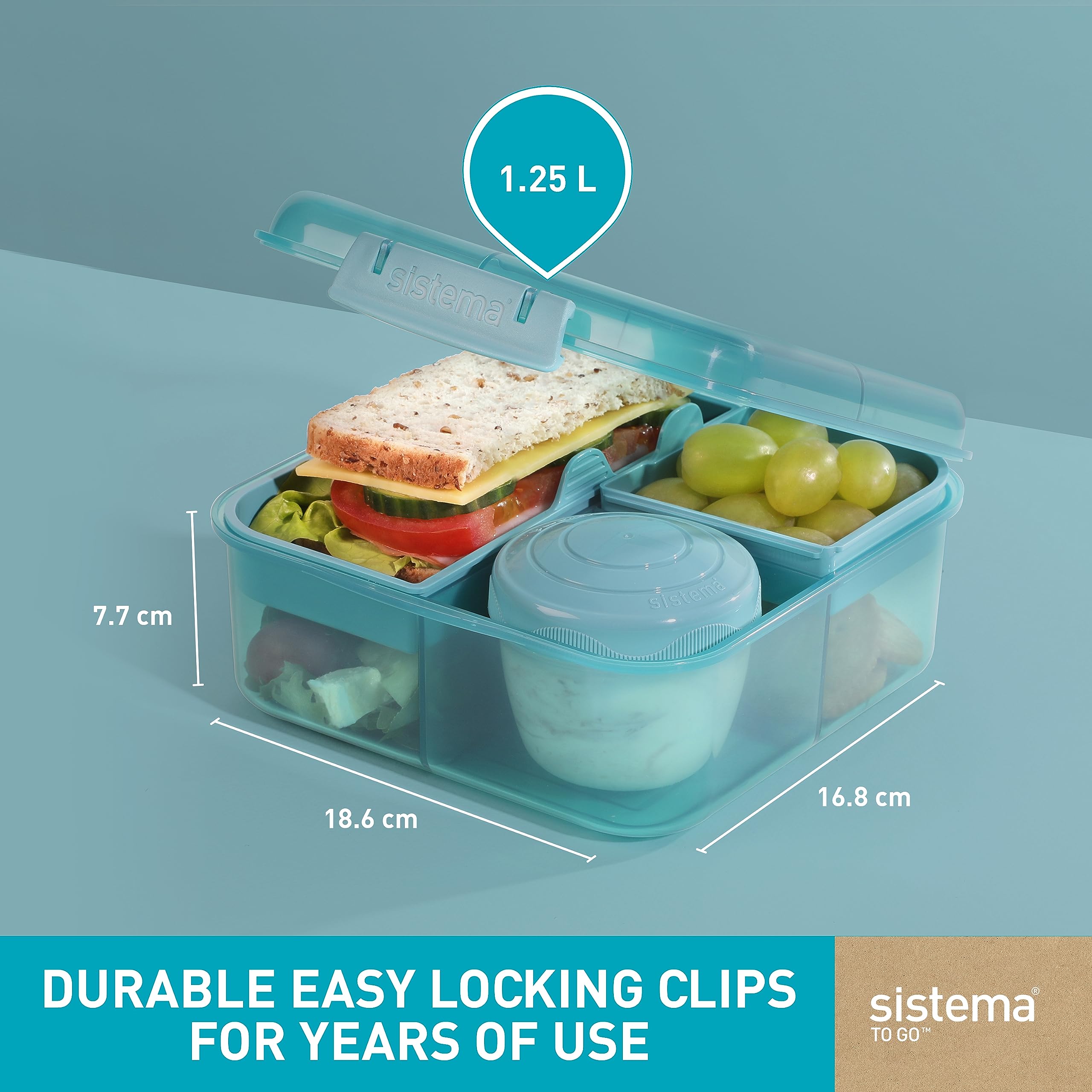 Sistema Bento Box To Go Lunch Box With Yoghurt/Fruit Pot 1.25 L Made Using Recycled Plastic Recyclable With Terracycle Teal Stone