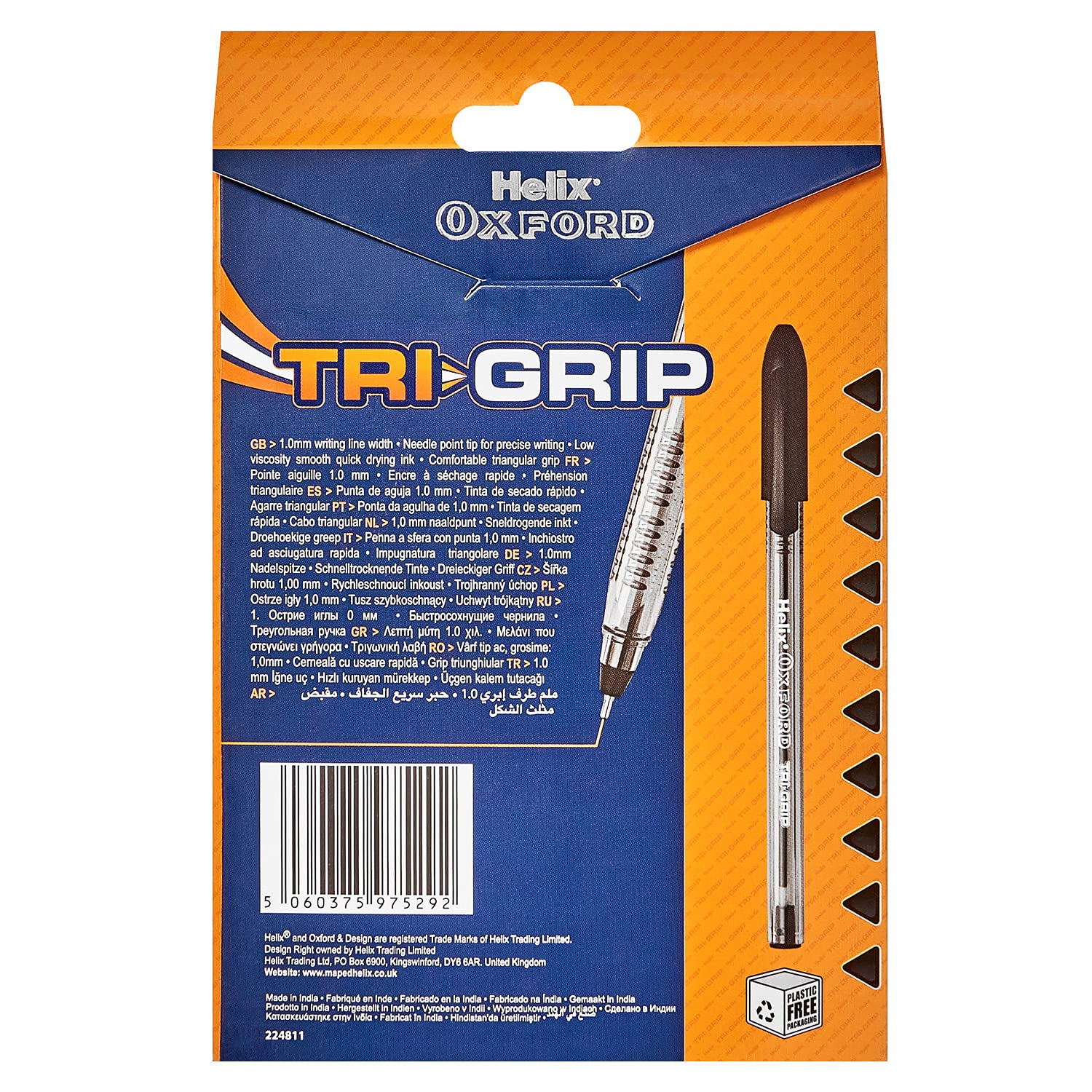 Helix Oxford Tri-Grip Ballpoint Pens (x10 Pack Black Ink) with Plastic Free Packaging