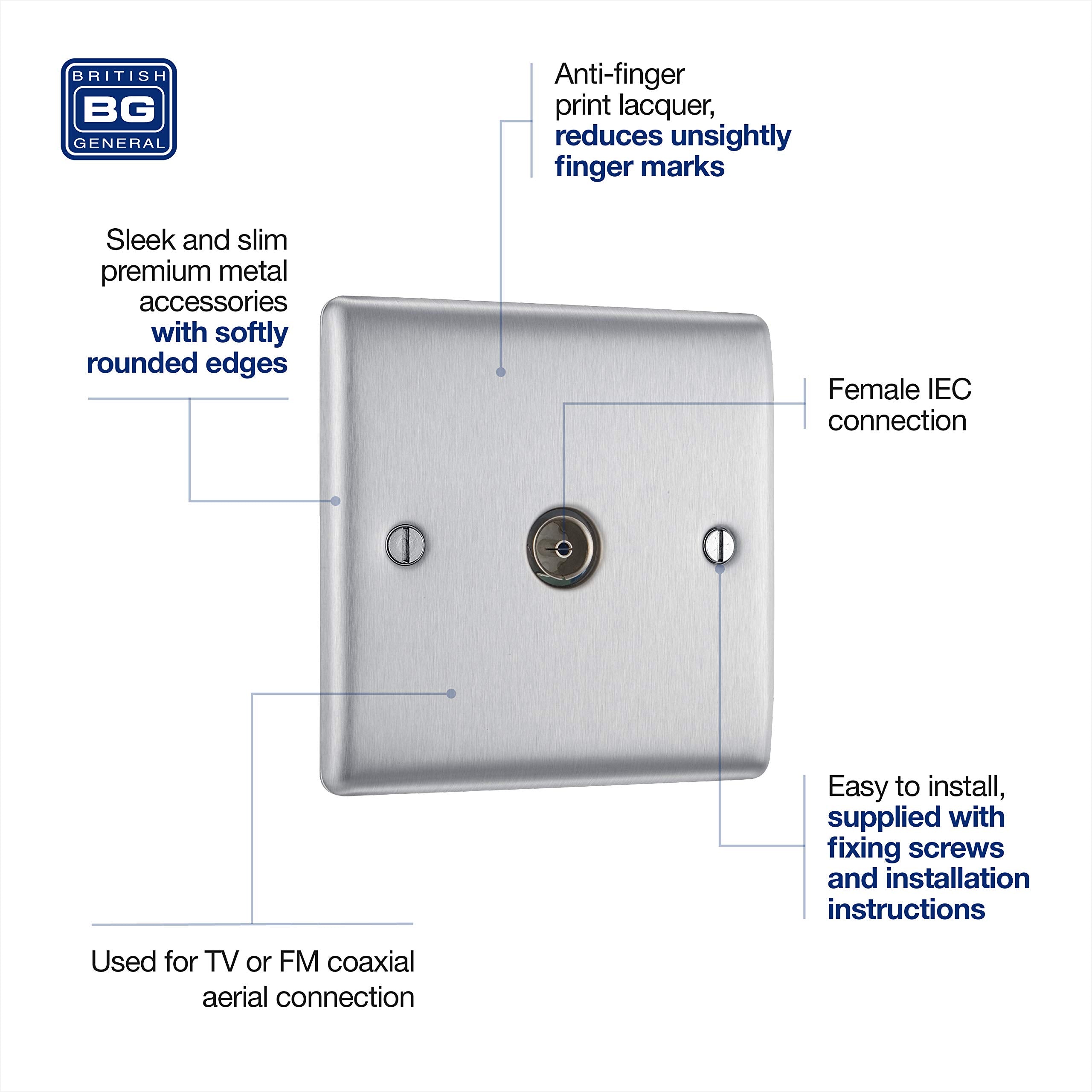 BG Electrical NBS60-01 Single Co-Axial Socket, Brushed Steel, 86mm x 86mm x 20mm