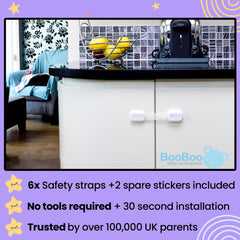 Booboo® (6 Pack) Premium Cabinet Locks Baby Proofing, Child Proof Cabinet Locks with 3M Adhesive, Drawer Locks Baby Proofing Cabinets with No Drilling, 3M Adhesive and 2 Extra Stickers