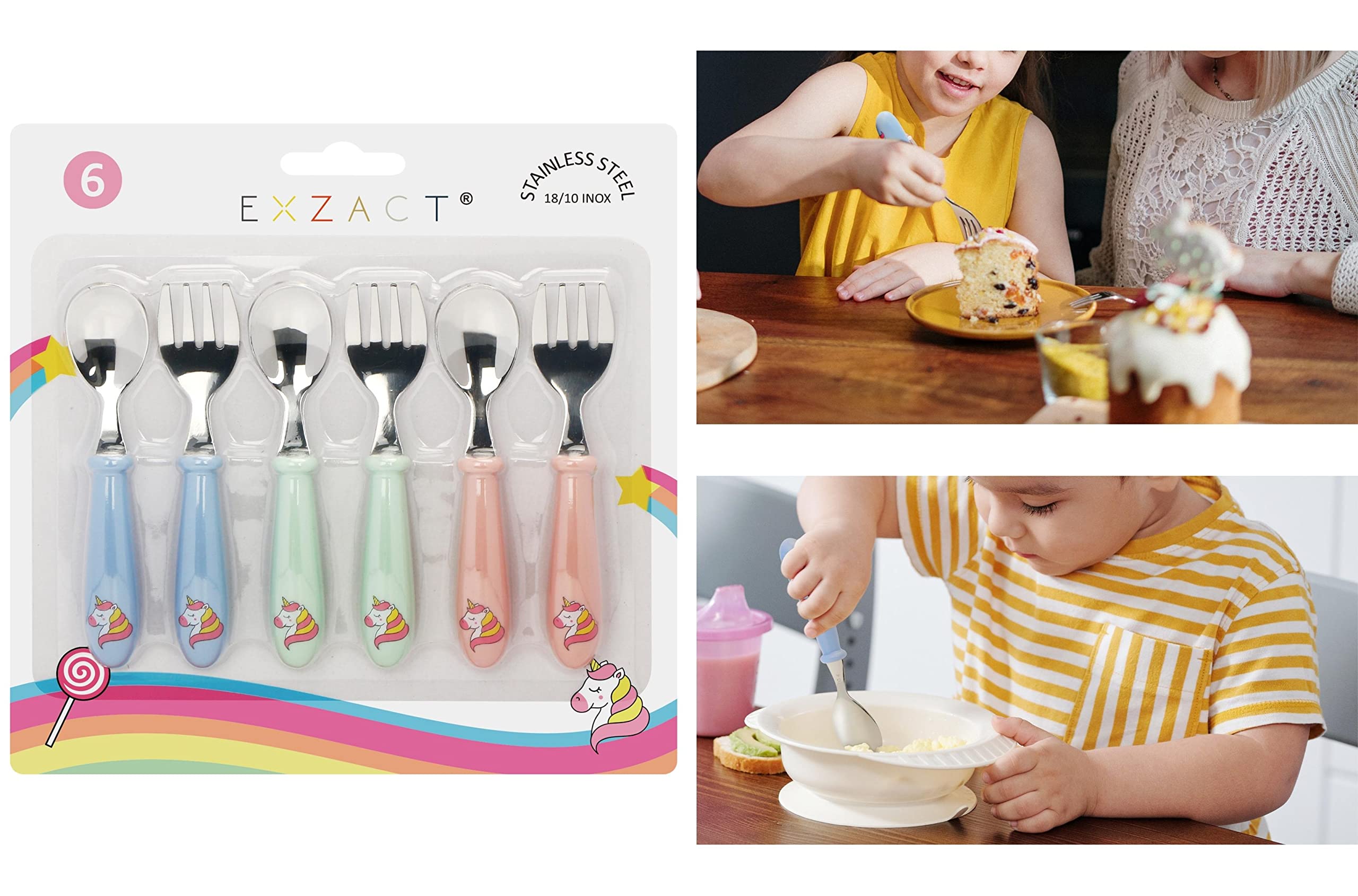 EXZACT Kids Cutlery 6pcs Stainless Steel 18/10 - Children's Cutlery Toddler 3 x Forks, 3 x Spoons - Dishwasher Safe - BPA Free - Unicorn