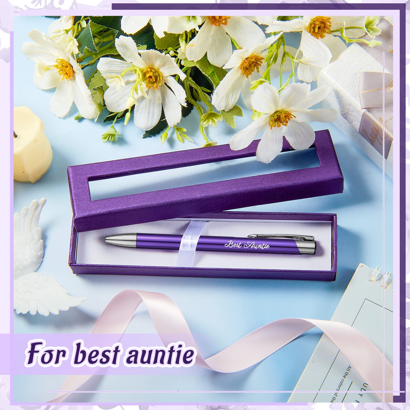 Best Auntie Pen with Christmas Beautiful Gift Box, Auntie Gifts Engraved Metal Ballpoint Purple Pen Black Ink Business Signature Office Supplies for Women Birthday