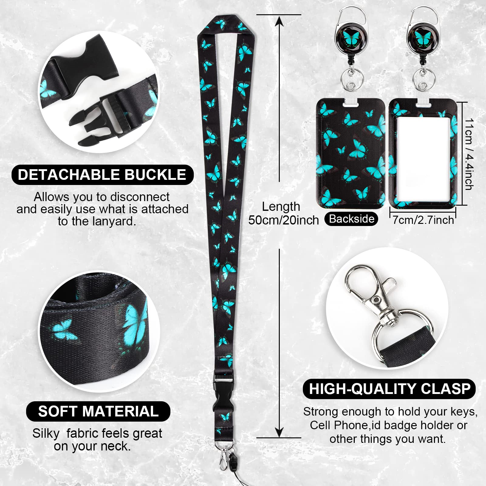 Lanyard with Card Holder, Badge Holder Neck Strap, Lanyard Retractable with Swivel Lobster Clasp for Teachers, Nurses, Doctors, Students(Blue Butterfly)