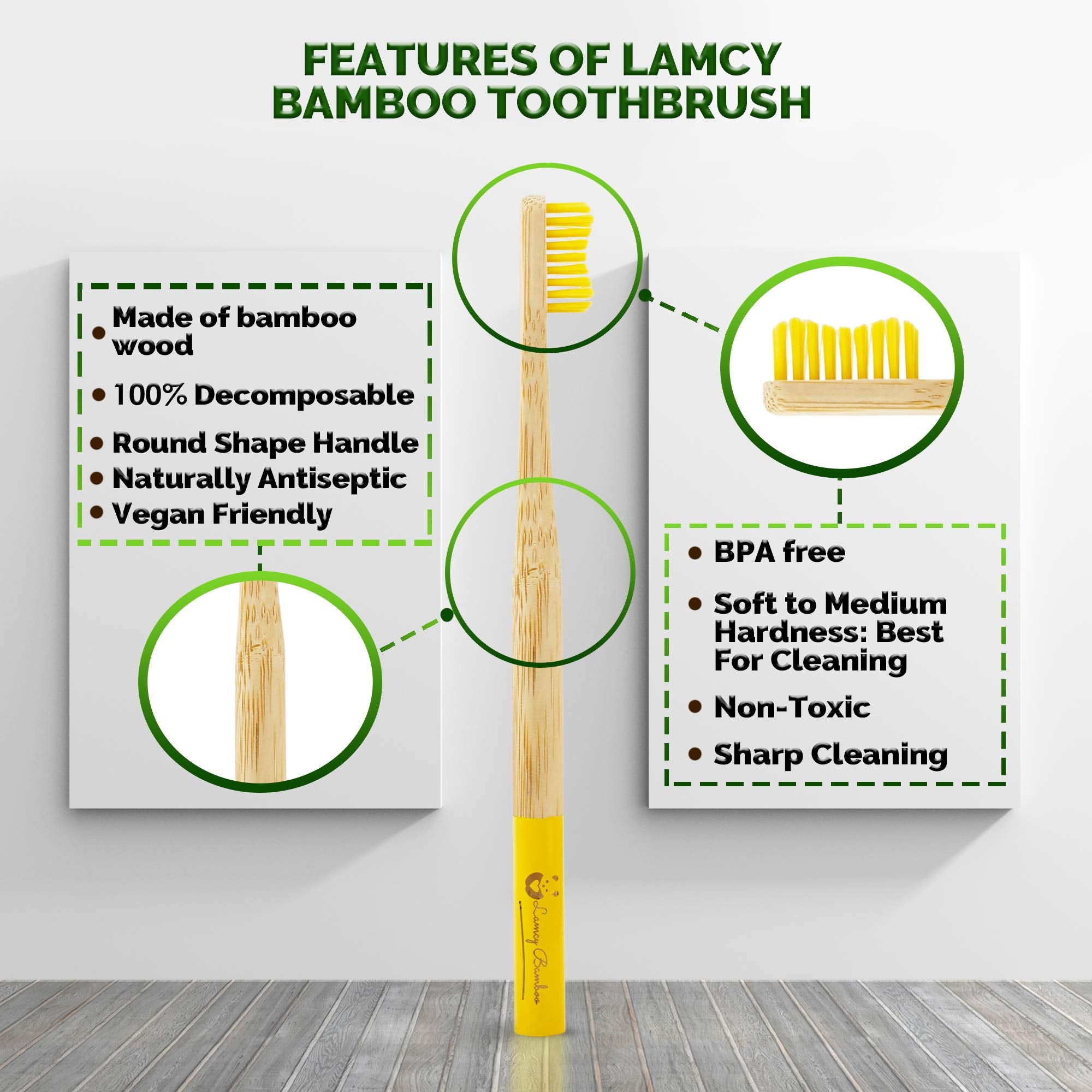 Lamcy Bamboo Toothbrushes for Adults with Medium Bristles   Pack of 5 Natural Bamboo Toothbrush   Eco-Friendly Natural Wooden Toothbrush   Organic Biodegradable Handle   BPA Free Tooth Brushes