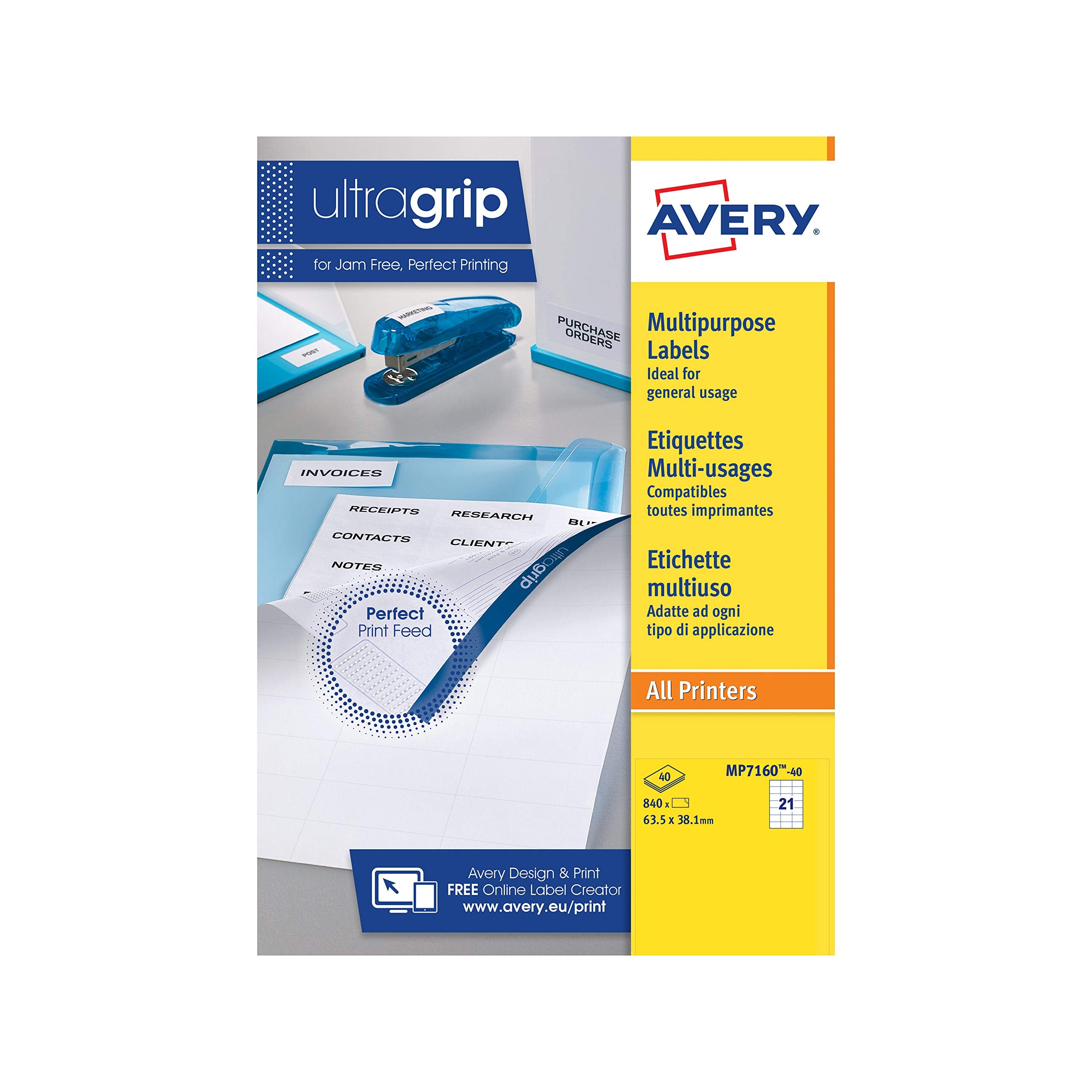Avery MP7160-40 self-adhesive Multipurpose Labels, 21 labels per A4 Sheet
