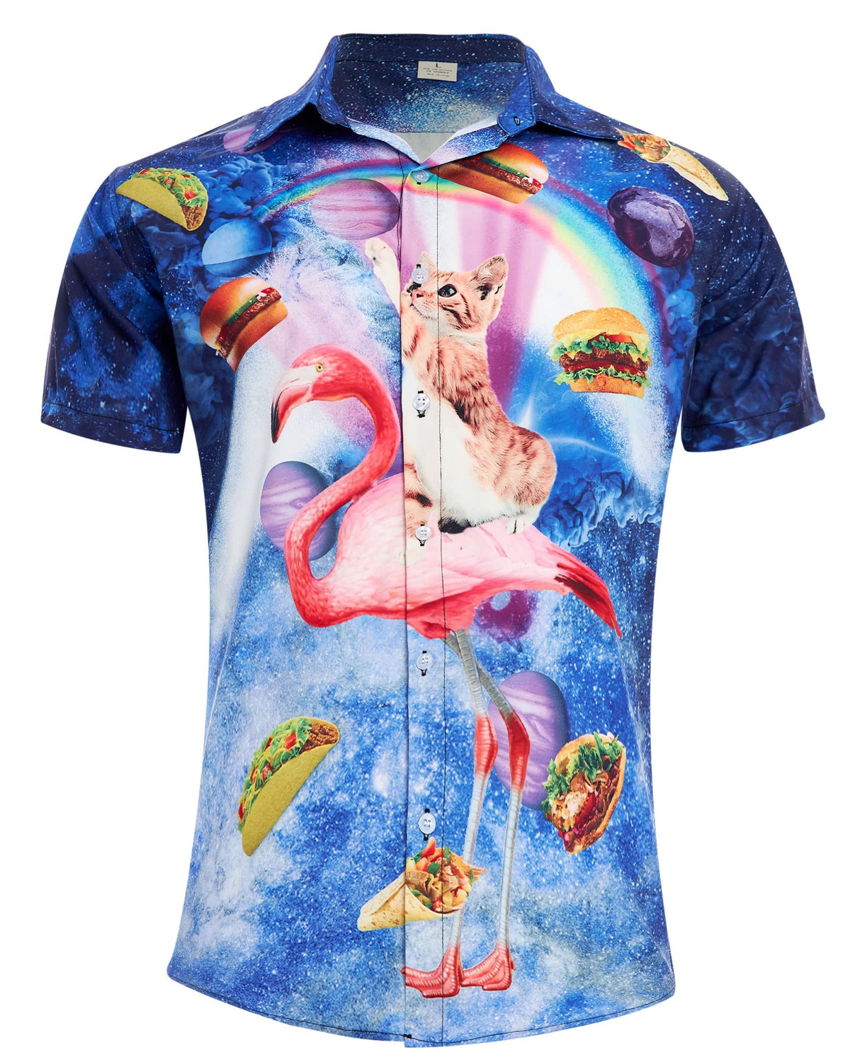 RAISEVERN Pancake Cat Mens Shirts 3D Printed Hawaiian Funny Flamingo Galaxy Funky Stag Bright Ugly Holiday Bad Taste Crazy Shirt Rave Awful Gifts, L