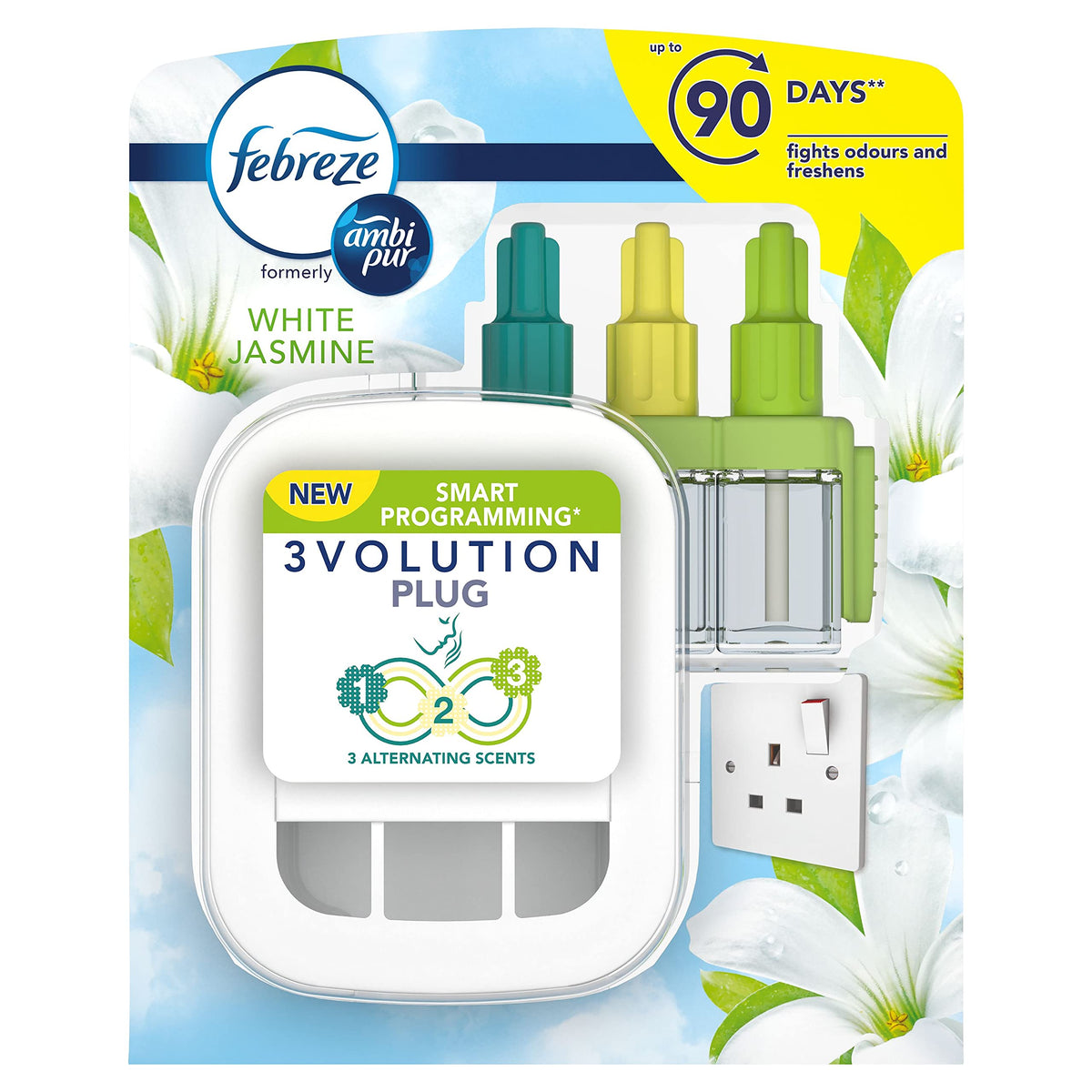 Febreze Ambi Pur 3Volution, Air Freshener Plug-In Starter Kit, 60 ml (20 x 3), Odour Eliminator & Prevention, White Jasmine