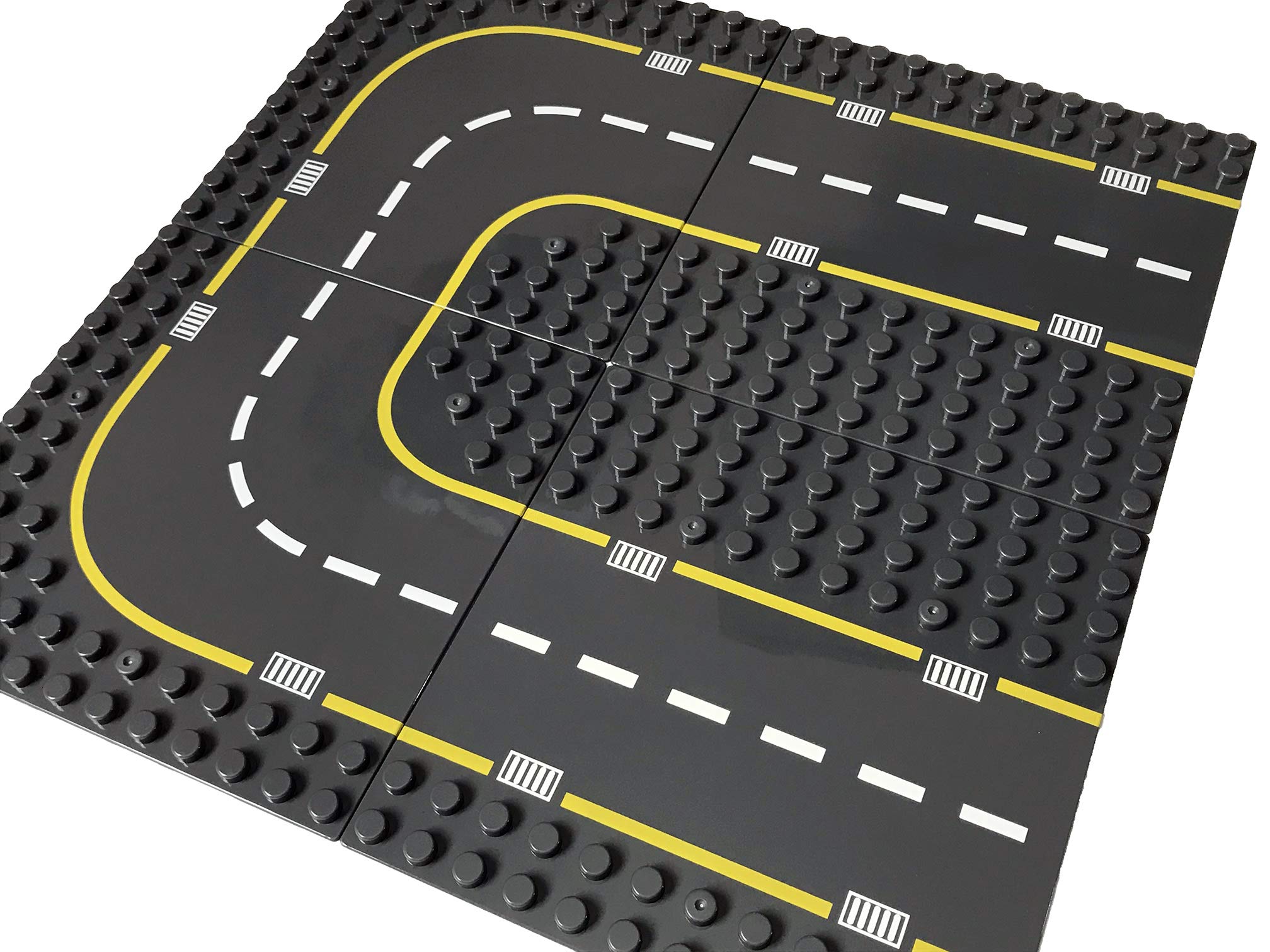 APOSTROPHE Games Building Block Road Base Plates for Large Blocks 19.1 cmx 19.1 cm, 4 Baseplates (2 Straight & 2 Curved Roads) Compatible with Leading Brands