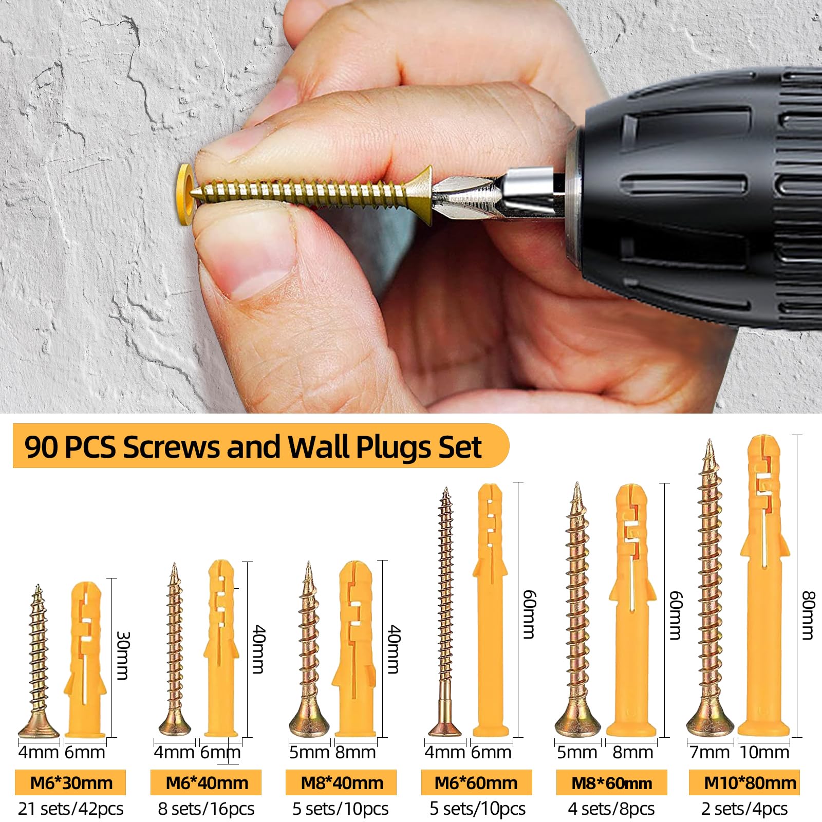 90 PCS Wall Plugs & Screws Set, 6 Sizes of M6/M8/M10 Hollow Wall Anchor Screws and Wall Plugs Kit for Brick, Concrete, Masonry, Drywall, 45 Masonry Self Tapping Screws & 45 Expansion Pipe Anchor Bolts