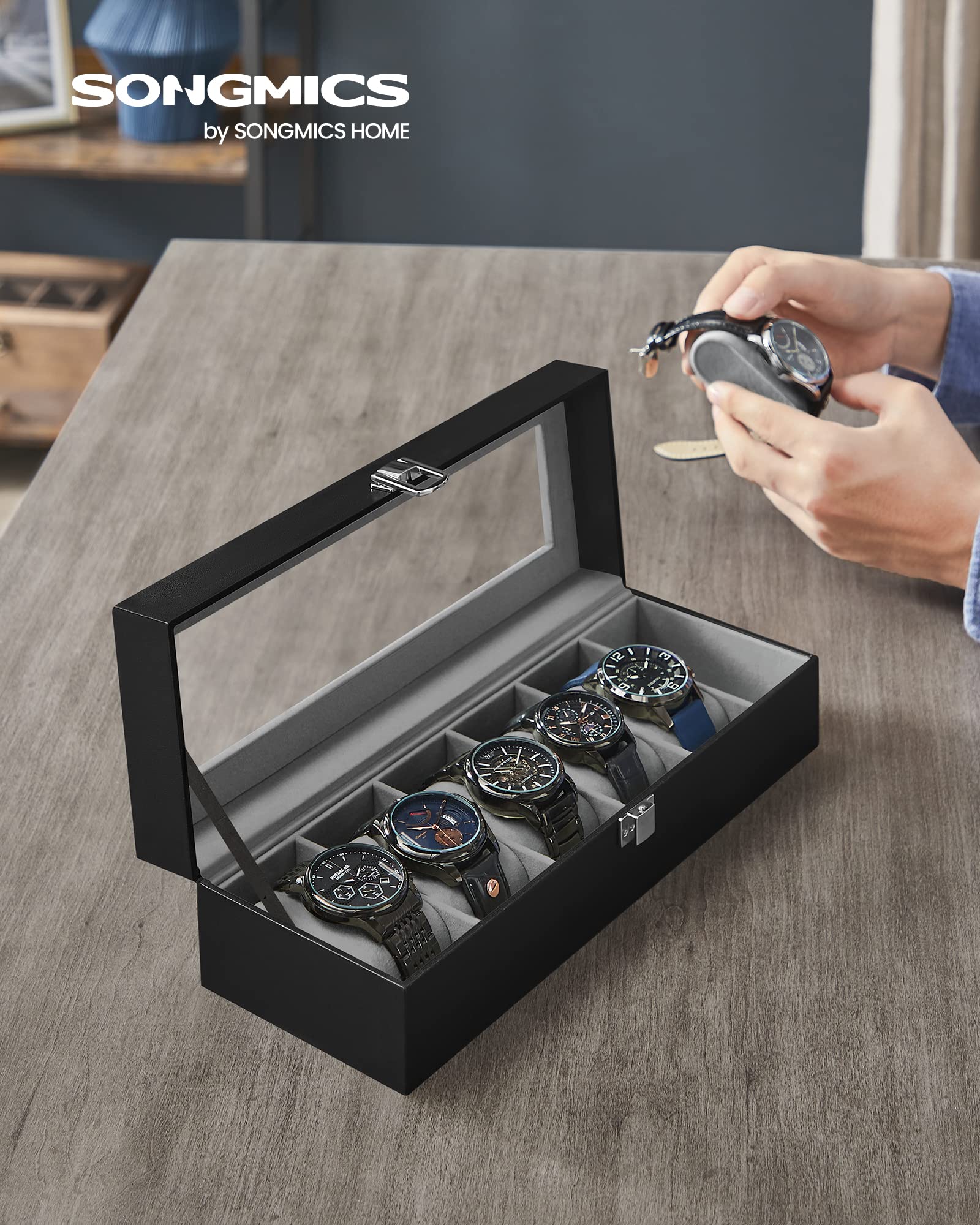 SONGMICS Watch Box with 6 Slots, Watch Case with Glass Lid, Watch Display Box with Removable Watch Pillows, Metal Clasp, Gift Idea, Black Synthetic Leather, Greenish Grey Lining JWB06BK