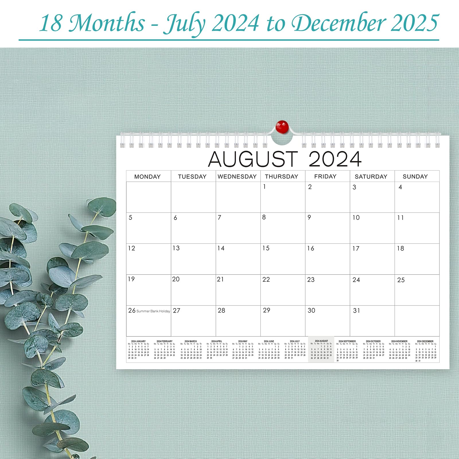 18 Mo Calendar 2024/25, A4 Wall Calendar 2024-2025, Monthly 2025 Calendar for Family Planner, Month to View From July 2024 - Dec.2025, Academic Calender for Office Kitchen, Simple Style