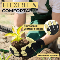 HANDLANDY Men Leather Gardening Gloves, Utility Work Gloves for Garden & Building Work, Dexterity & Breathable Construction Gloves (Beige-Black, M)