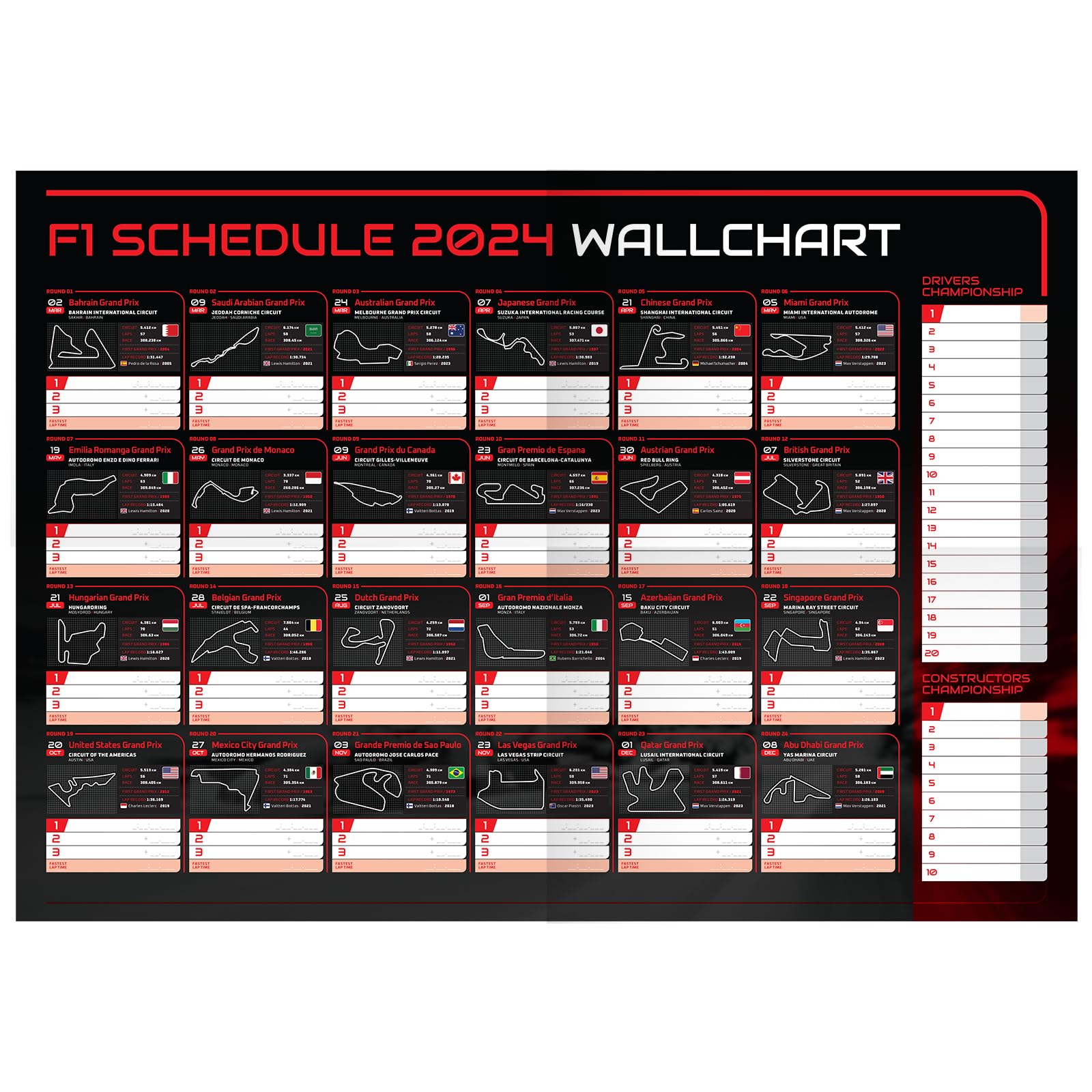 F1/Formula One 2024 Wall Chart (A2 folded to A4)