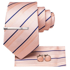 Hi-Tie Blush Pink and Blue Strip Ties for Men Silk Woven Tie and Hanky Cufflinks Tie Bar Set Formal Necktie Wedding Prom