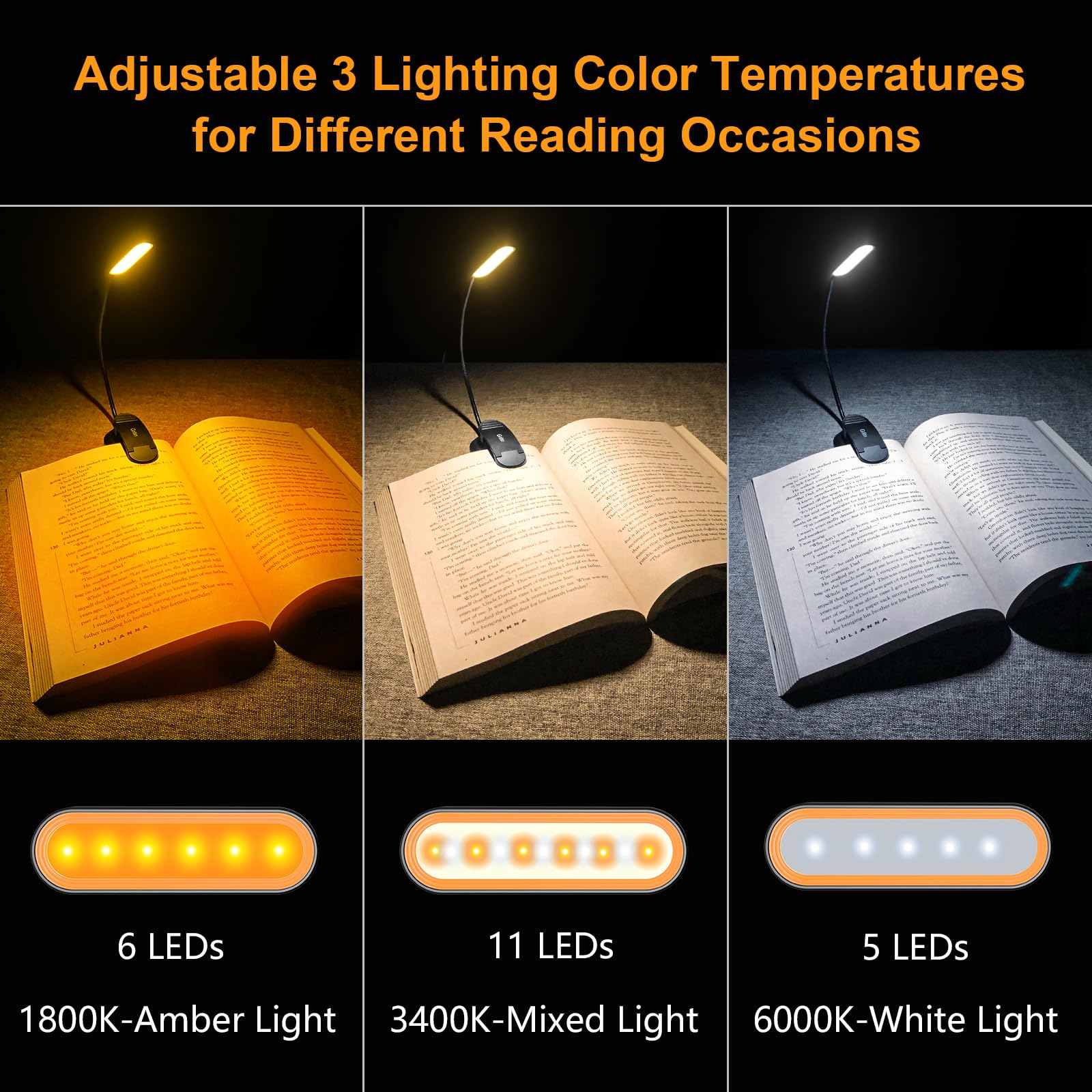 Gritin Book Light Rechargeable, 11 LED Reading Light Clip on Book, 3 Eye-Protecting Modes&Touch Control Stepless Dimming, Long Battery Life, 360° Adjustable Book Lamp for Reading at Night for Readers