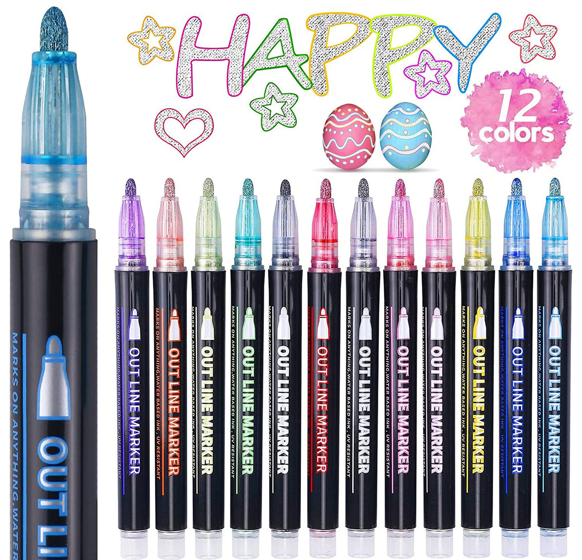 ECtury Glitter Pens Outline Marker Pens, Gifts for Teenage Girls, Teenage Girls Gifts, 12 Colours Metallic Double Line Outline Pens for Scrapbook, Stocking Fillers Kids, Gifts for 4-12 Year Old Girls