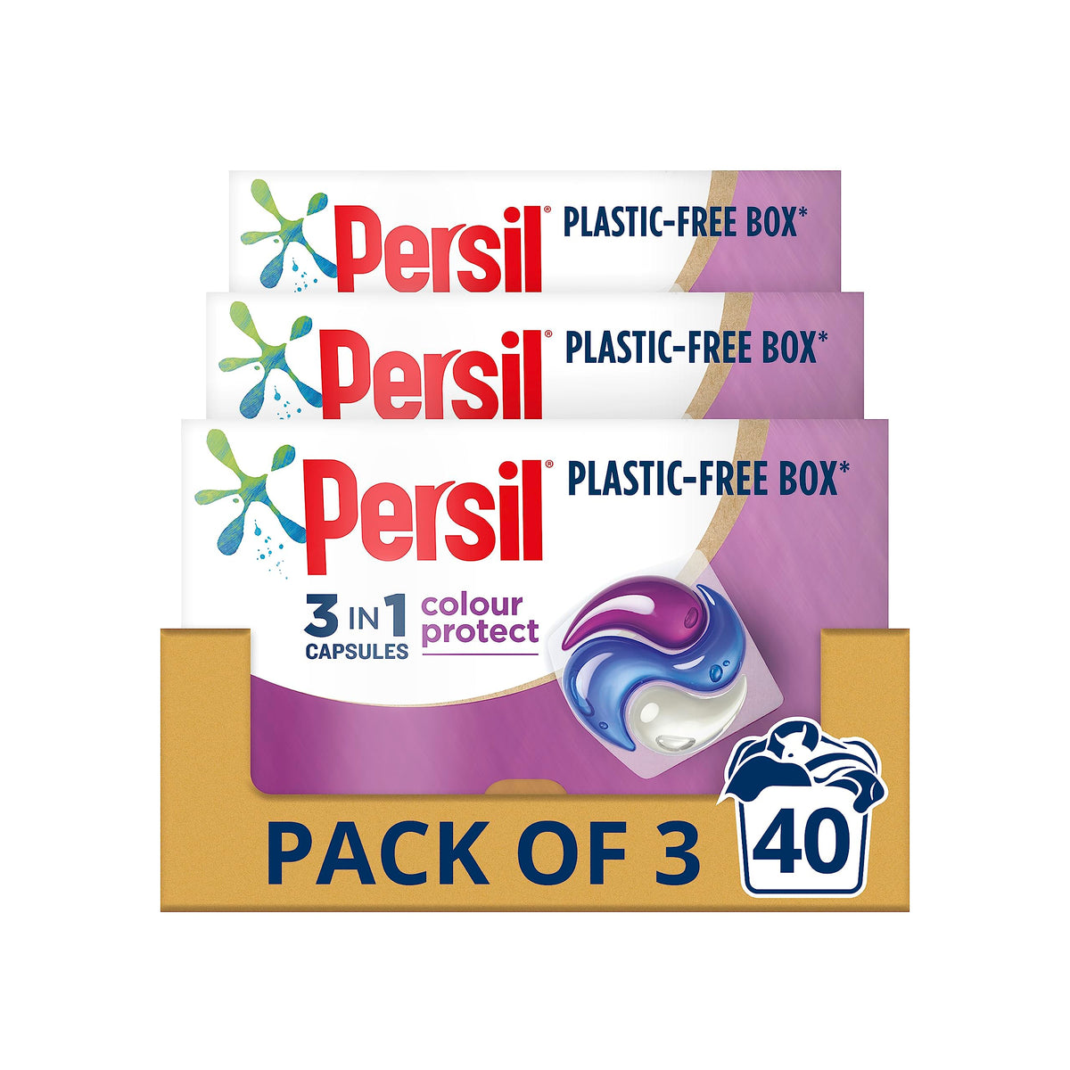 Persil 3 in 1 Colour Protect Laundry Washing Capsules keeps colours bright with recyclable, plastic-free box* 3x 40 capsules (120 washes)