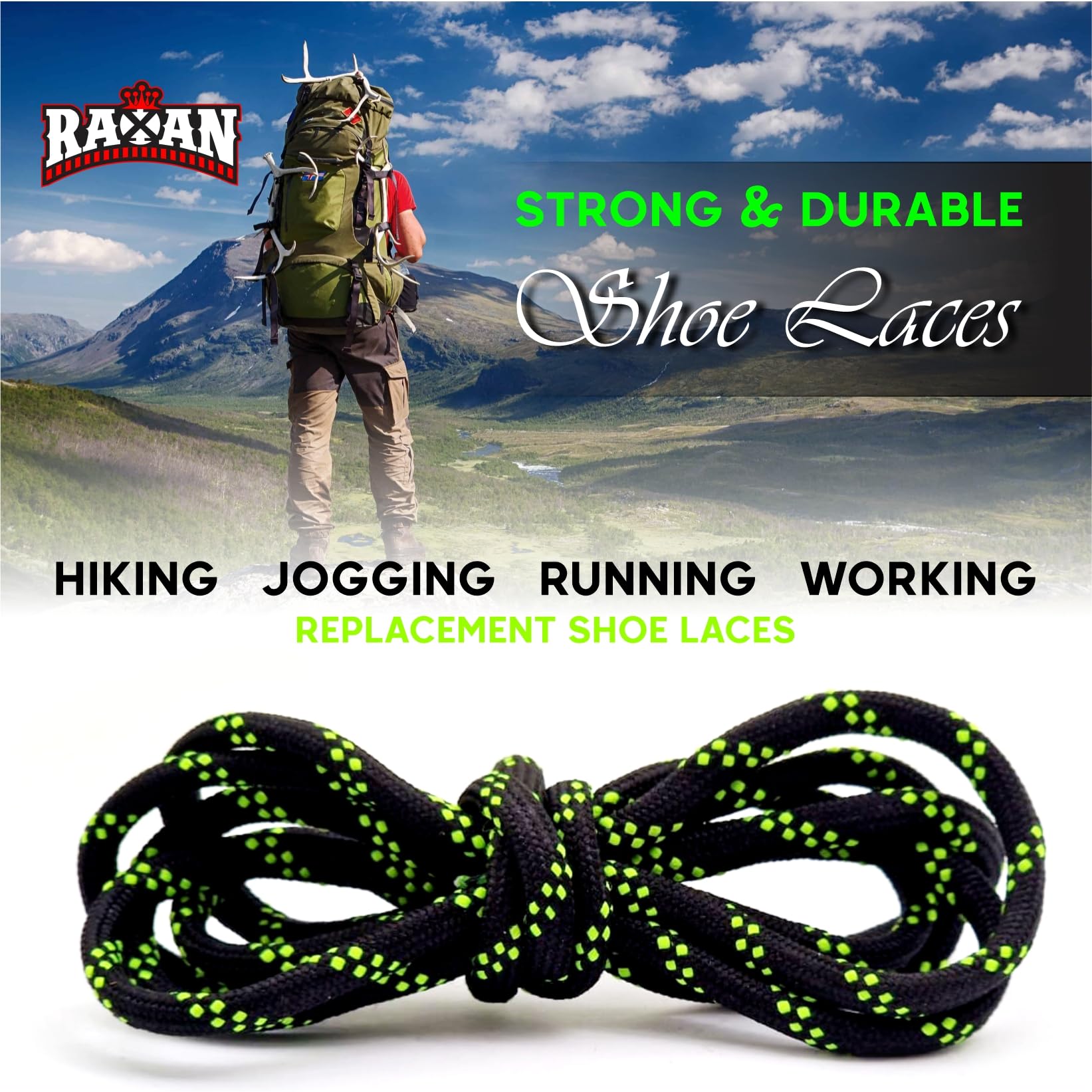 Heavy Duty Round Boot Laces, Shoelaces for Mountaineering, hiking running working casual Steel Toe Cap Boots Safety Boots Hunting Boots Replacement Bootlaces (Caterpillar Green, 25 inches / 63CM)