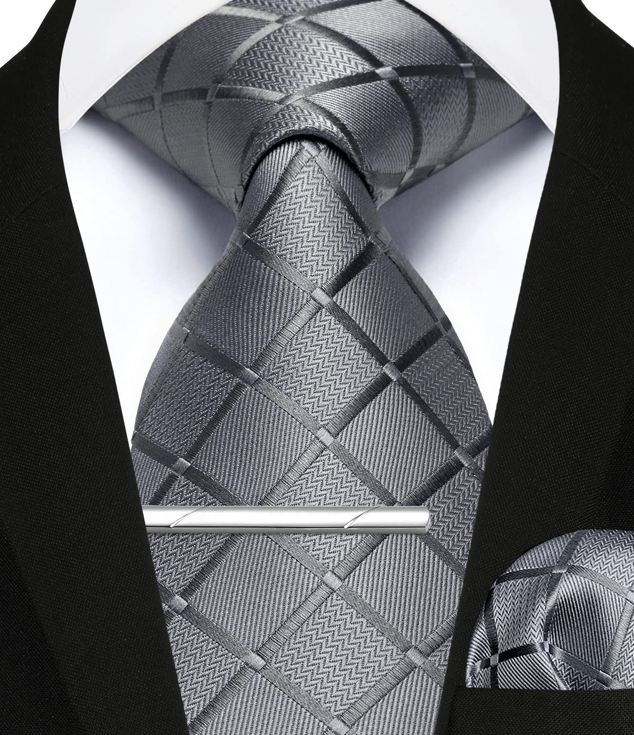 Enlision Mens Grey Plaid Tie and Pocket Square with Tie Clip Set Business Formal Wedding Ties for Men Necktie & Handkerchief & Tie Pin Sets,Grey