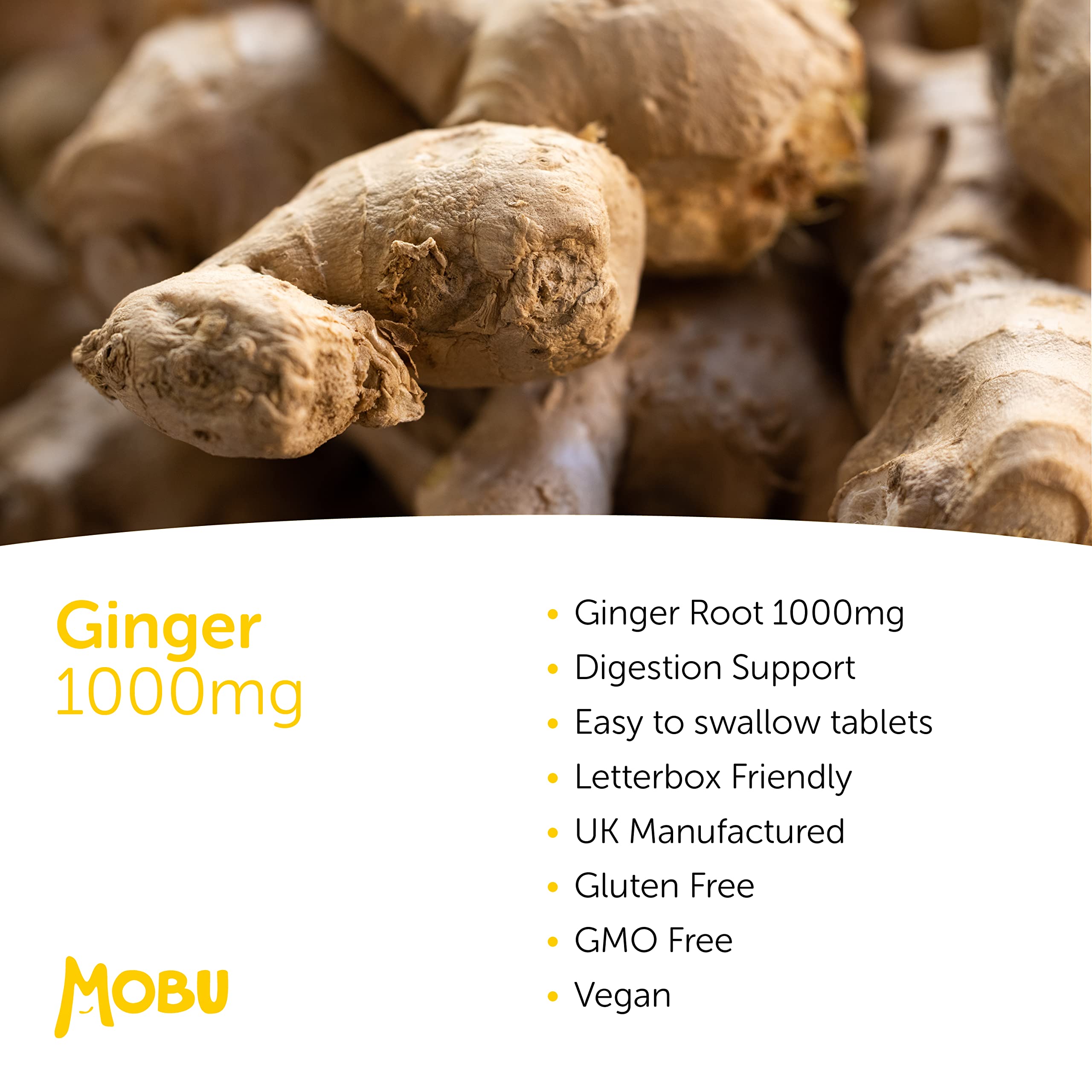 Ginger 1000mg 120 Tablets   Ginger Root Extract   Digestion, Travel Sickness & Joint Support   Letterbox Friendly   Vegan UK Made   GMP Approved   MOBU