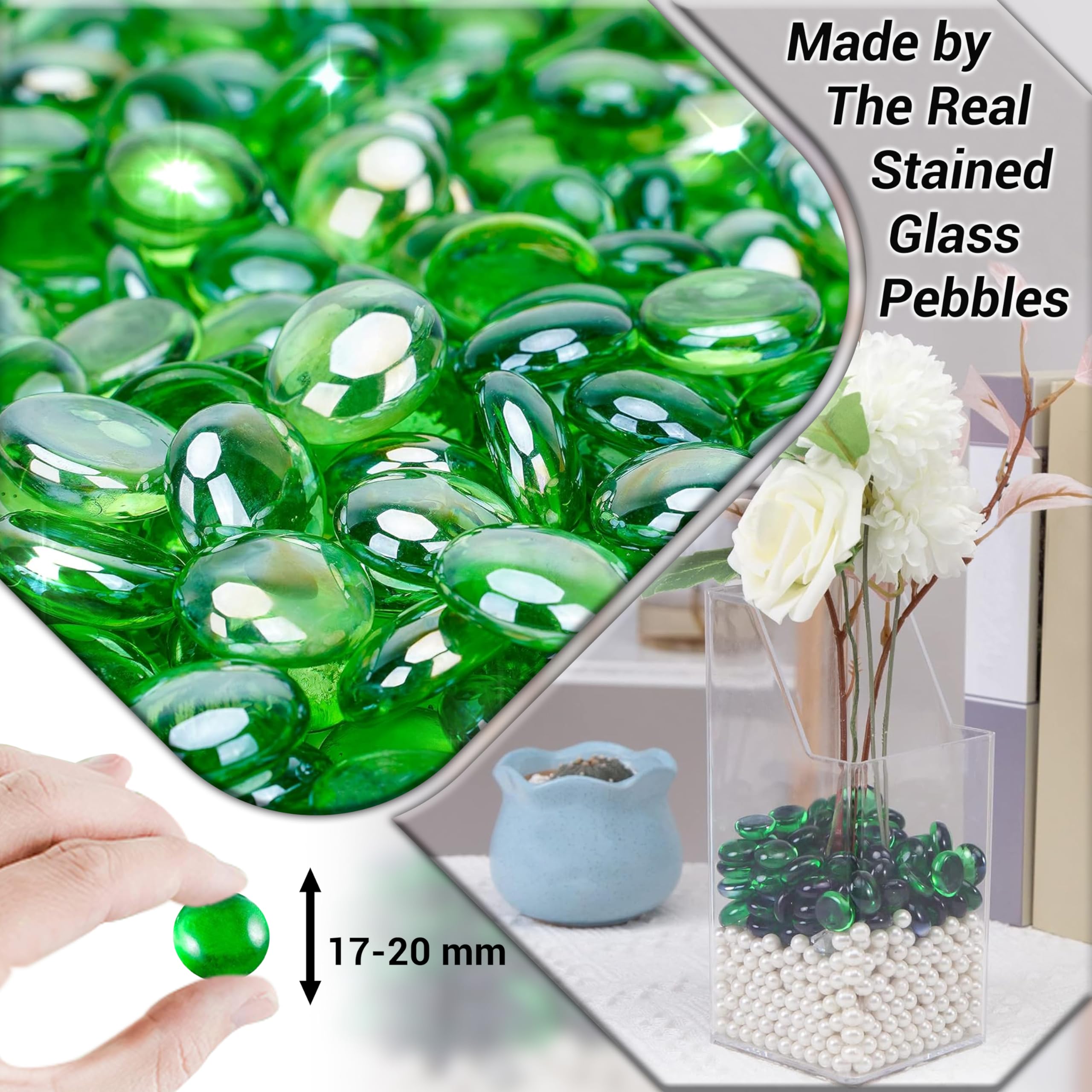 Arsuk Decorative Glass Pebbles Stones Beads Rounded Gems Flat Marble, Vase Filler, Fire Artificial Crystal Gemstones for Aquarium, Mosaic Tiles Vases Craft, Garden Flowerpot(80Pcs/455g Green Pebbles)