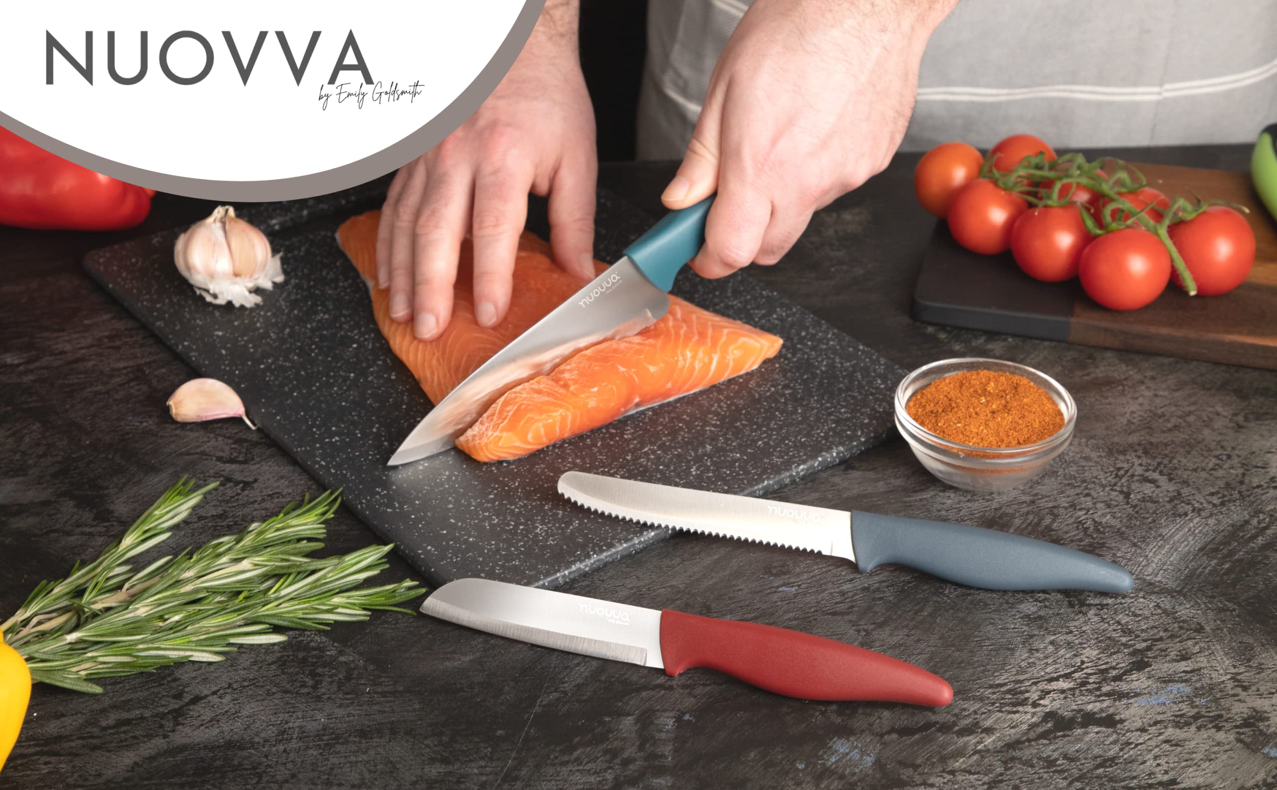 nuovva Sharp Kitchen Knife Set – 3pcs Colour Kitchen Knives – Stainless Steel Non Stick Blades – Includes Chefs Knife, Tomato Knife and Paring Knife