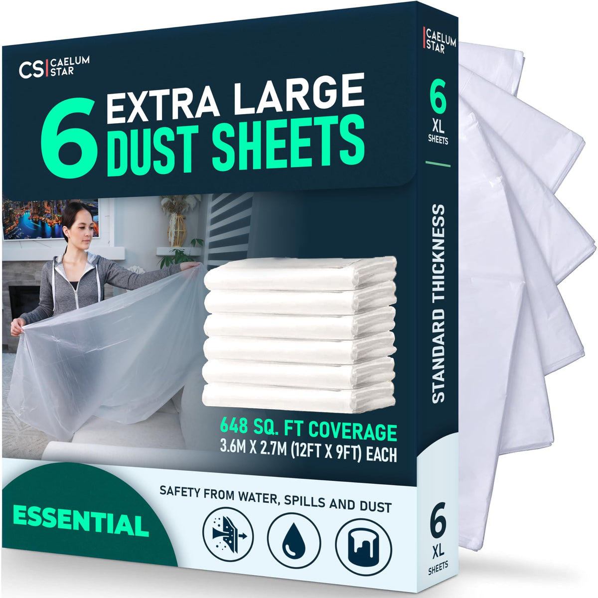 CS 6 Pack Extra Large Plastic Dust Sheets for Decorating 3.6 x 2.7m (12 x 9ft), Light Dust Sheet for Painting & Furniture, Plastic Sheet-Plastic Sheeting-Decorating Tools-Decorating Sheets-Dust Cover