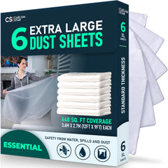 CS 6 Pack Extra Large Plastic Dust Sheets for Decorating 3.6 x 2.7m (12 x 9ft), Light Dust Sheet for Painting & Furniture, Plastic Sheet-Plastic Sheeting-Decorating Tools-Decorating Sheets-Dust Cover