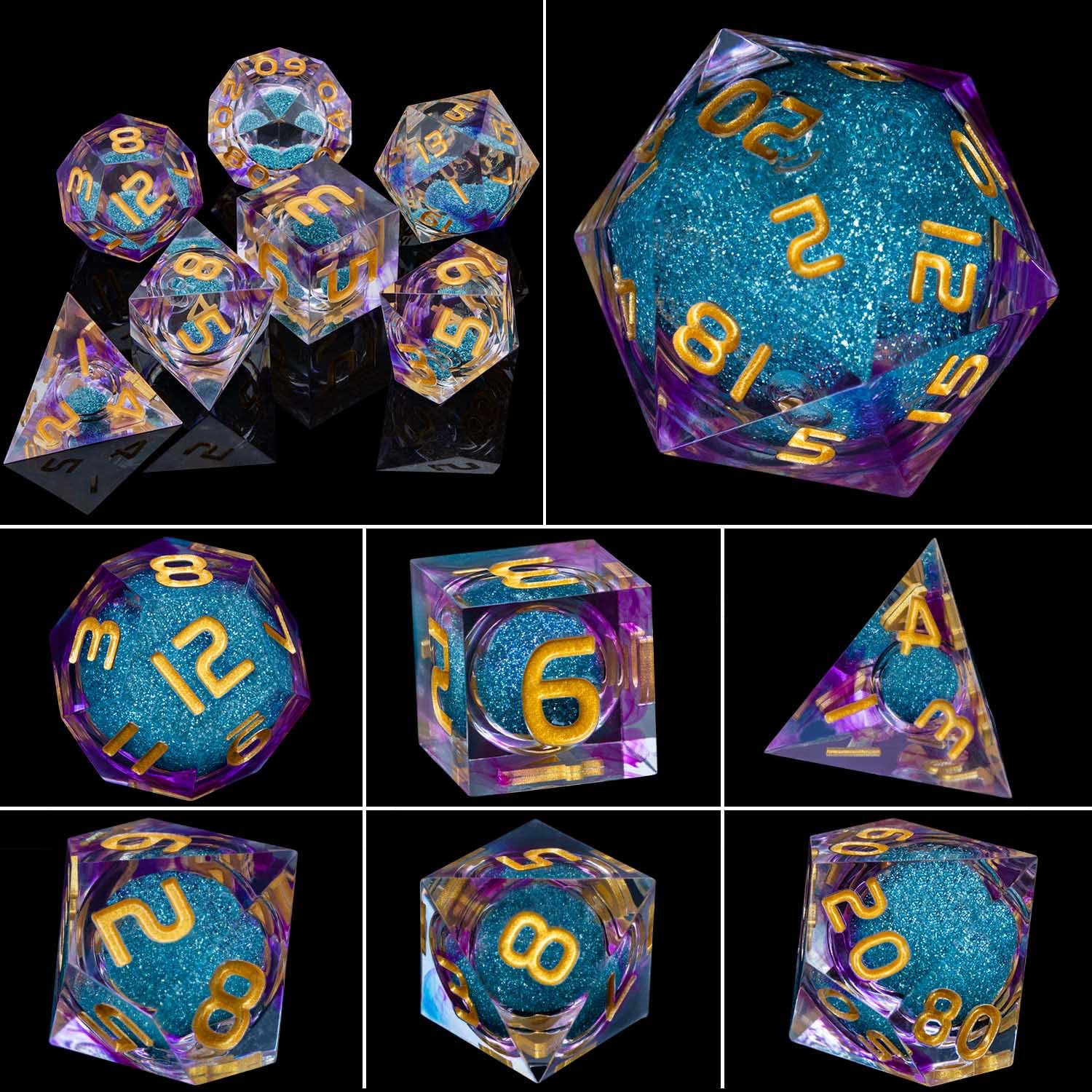 ARUOHHA Liquid Core DND Dice Set, 7pcs Resin Sharp Edged Dice for Dungeons and Dragons, Handmade RPG Dice, Purple Polyhedral D&D Dice, Role Playing Dice Set D20 D12 D10 D8 D6 D4 with Gift Box