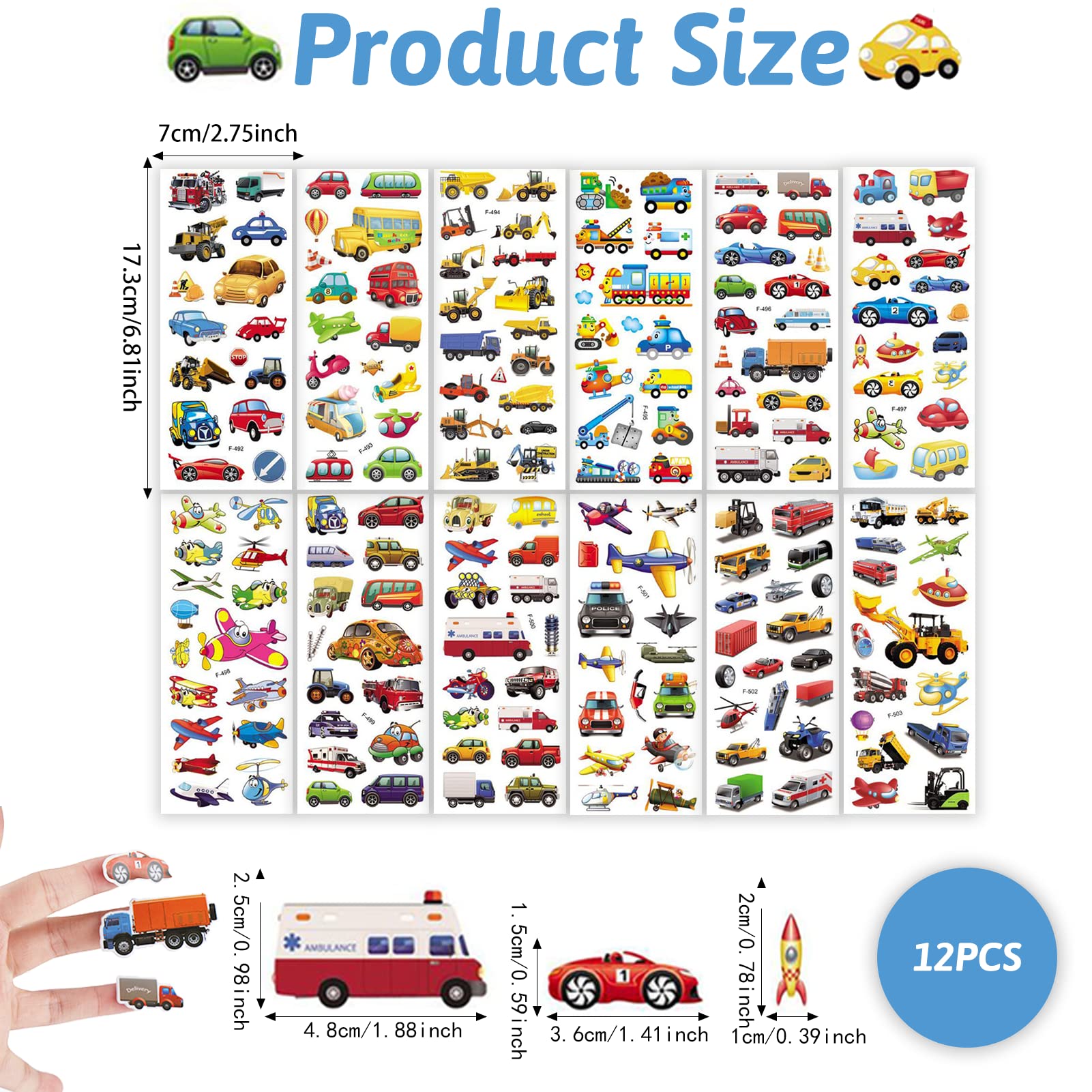 12 Sheets Cars 3D Puffy Stickers, Car Theme Set DIY Decoration Craft Activities and Party Bag Filler Favours-Vehicle Stickers for Kids with Cars Airplane Train Ambulance Fire Trucks and More (car)