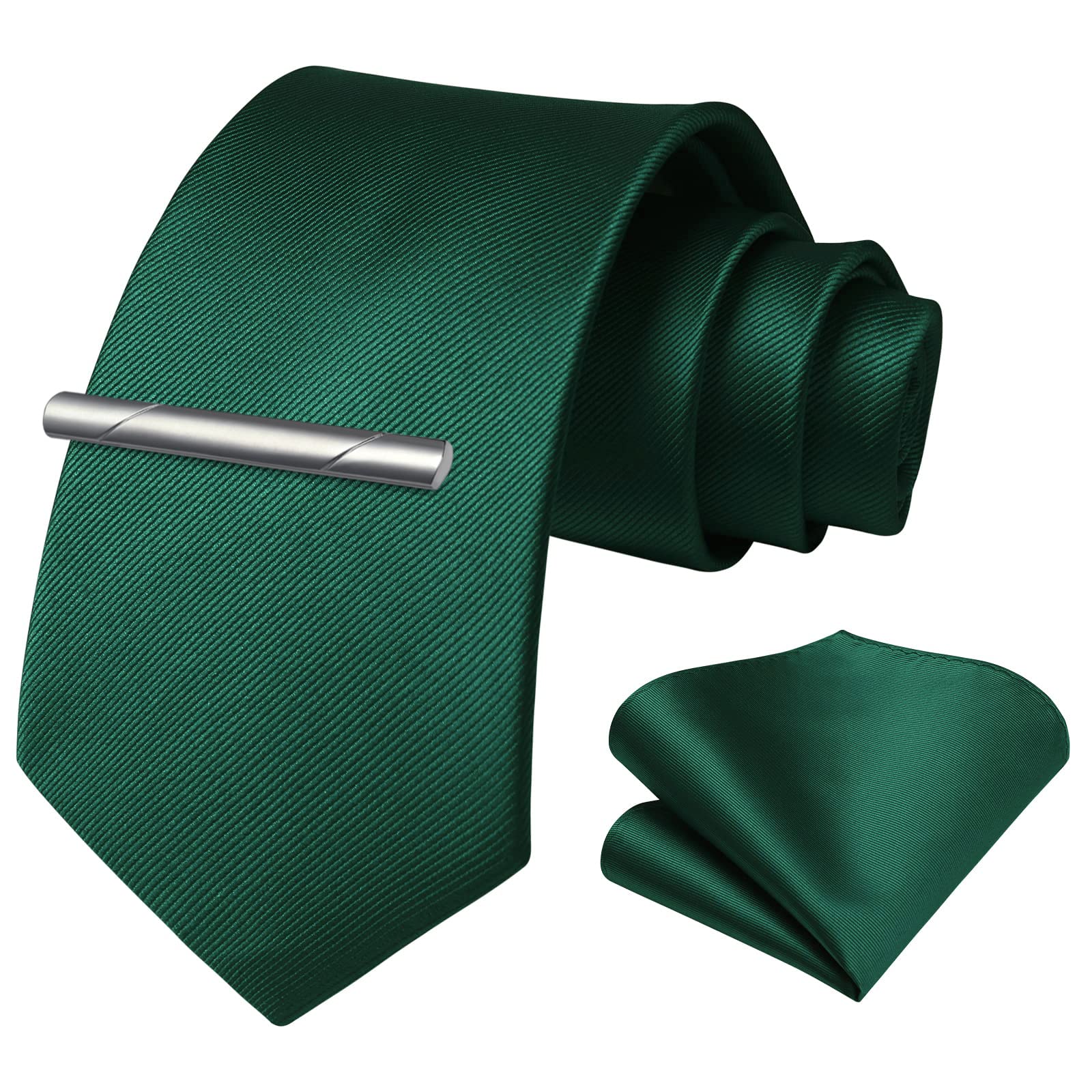 HISDERN Dark Green Solid Color Wedding Tie and Pocket Square, Classic Tie Clip Set for Men-Multiple Colors