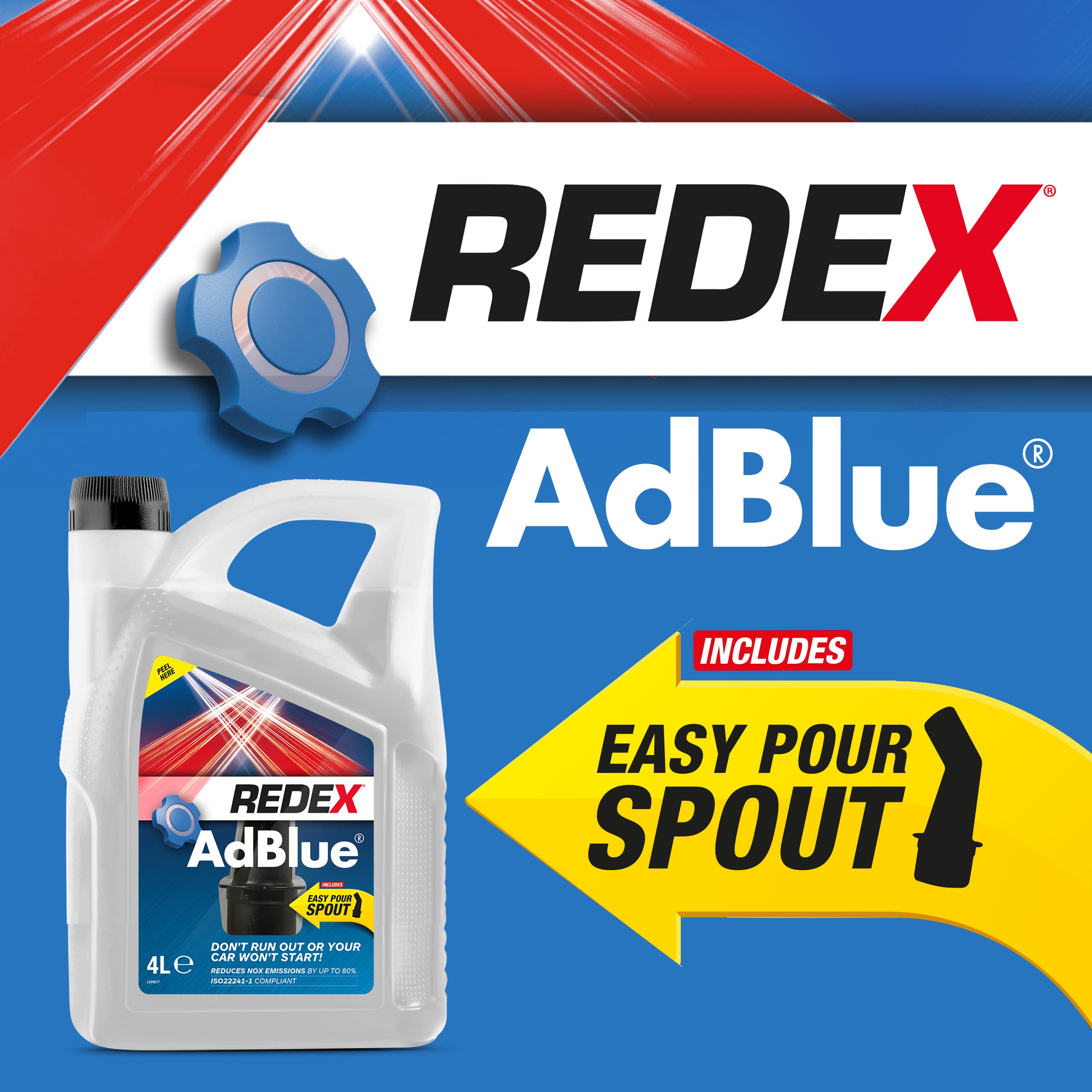 Redex AdBlue Additive 4L, AdBlue With Easy-Pour Spout, Reduces NOX Emissions, Quick & Easy Filling, Keep Spare In Boot, Premium Quality AdBlue Diesel Exhaust Fluid, No-Spill Bottle, 4 Litres