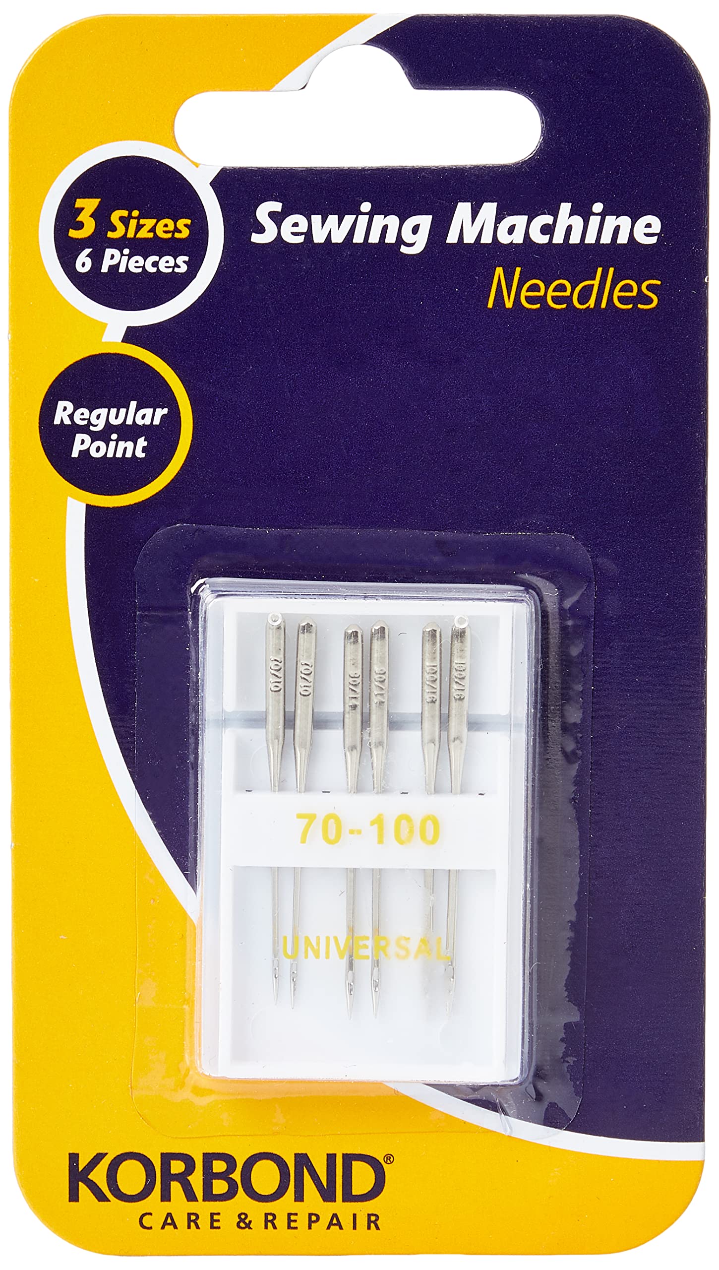 KORBOND 6 Piece Sewing Machine Needle Kit– 3 Sizes – Regular Point – Storage Case – Ideal for Light and Heavy Fabrics – Crafting, Quilting, Dressmaking, Mending, Tailoring, Silver, Multiple