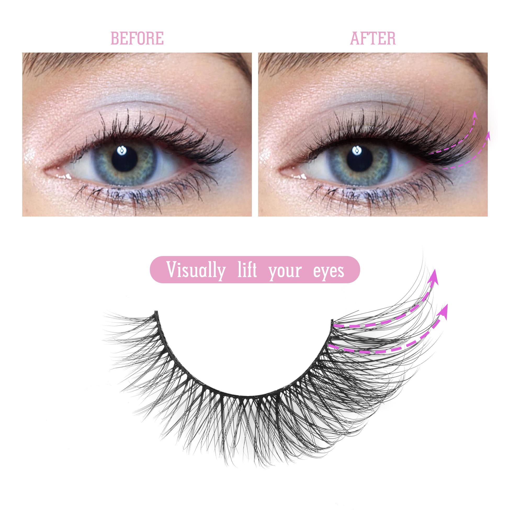 Eyelashes Fox Eye Natural Looking Russian Lashes Strip D Curly Fluffy Multi-layers Faux Mink Eyelash Wispy Cat Eye Lash Pack 8 Pairs