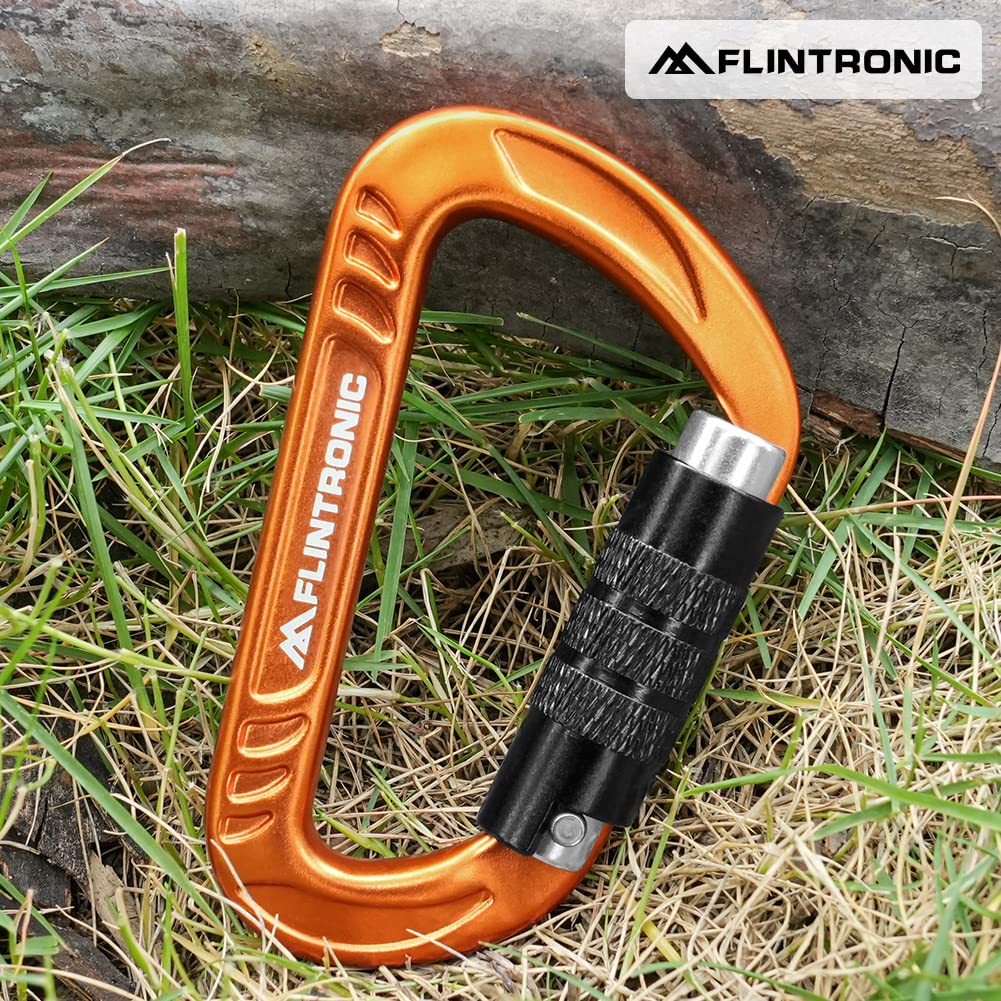 Flintronic Locking Carabiner, 12KN Heavy Duty Locking Carabiner Clips, Aluminum Alloy Clip, 2PCS Carabiner D Ring Clip Hook for Hammock Swing Camping Fishing Hiking (Orange)